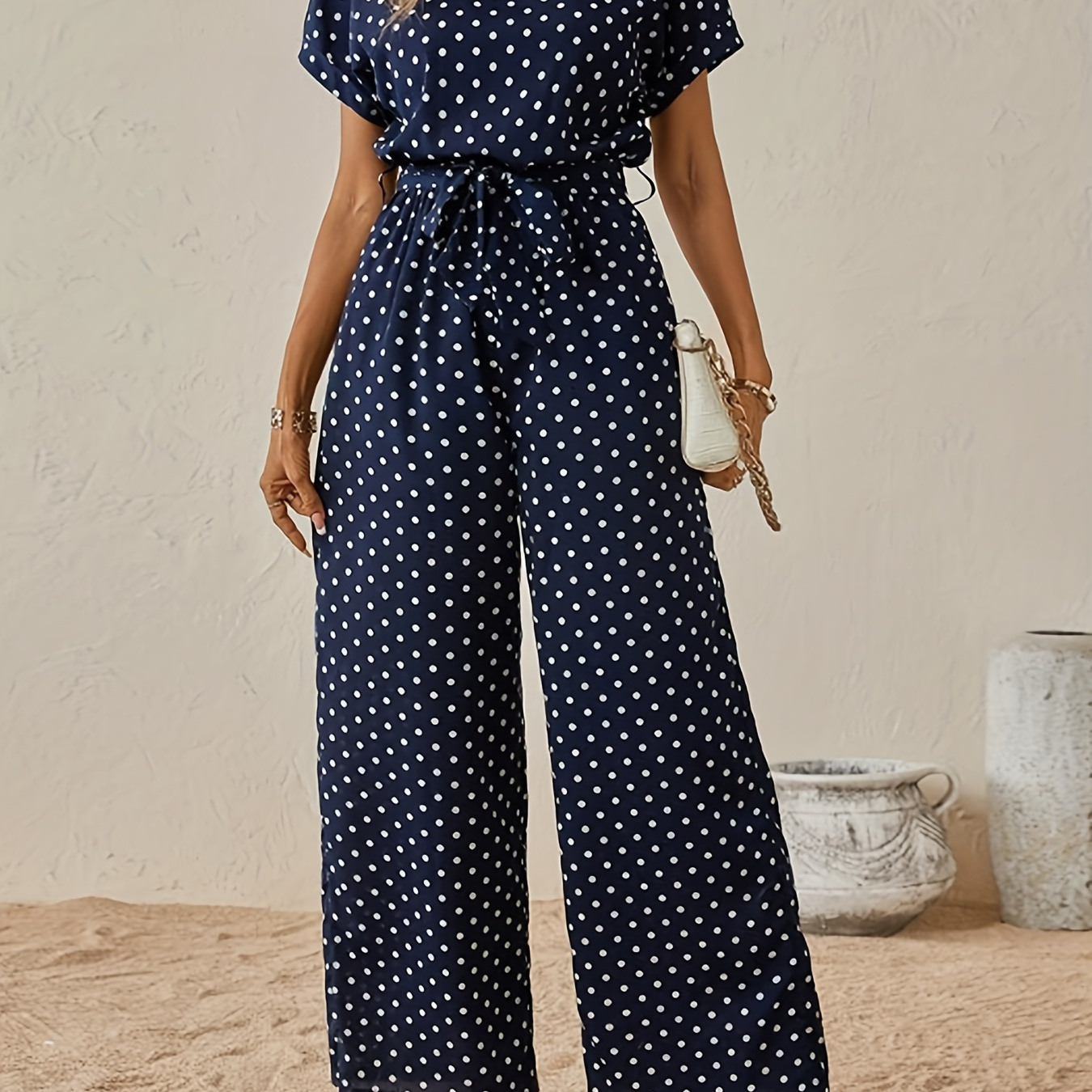 

Polka Dot Pattern Jumpsuit, Elegant Short Sleeve Wide Leg Jumpsuit For Spring & Summer, Women's Clothing