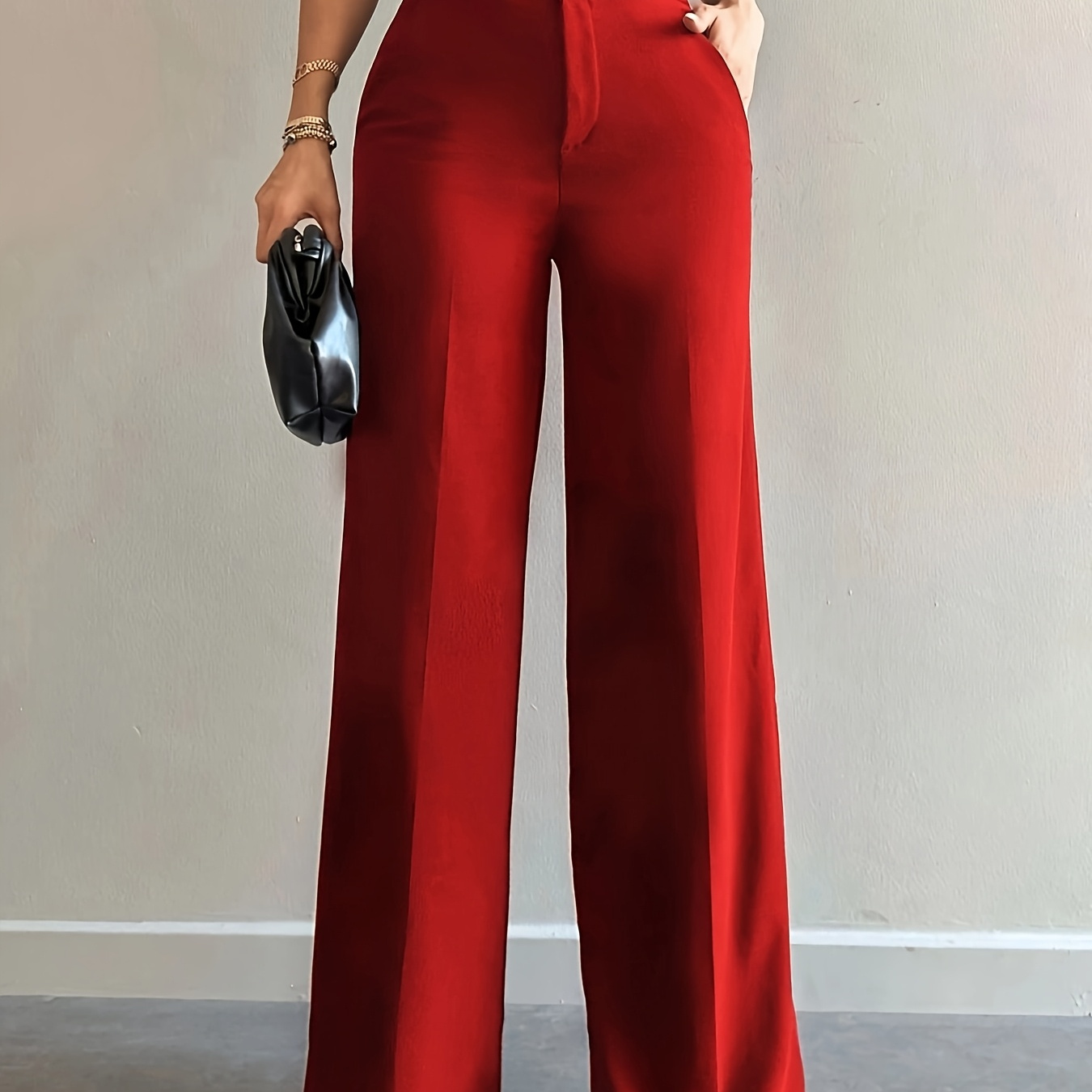 

1pc Women' Color Polyester Suit Trousers - 100% Polyester Woven Fabric, Fashion Wide Leg Pants With Pockets, Professional And Casual Straight-leg Design For Adults