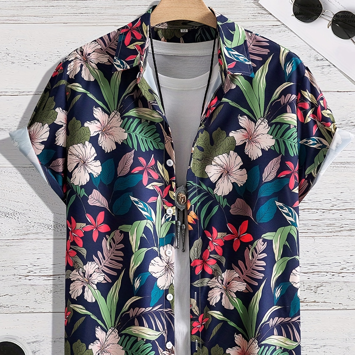 

Colorful Tropical Flower Pattern, Men's Casual Short Sleeve Shirt, Male Hawaiian Shirt For Summer Beach Vacation
