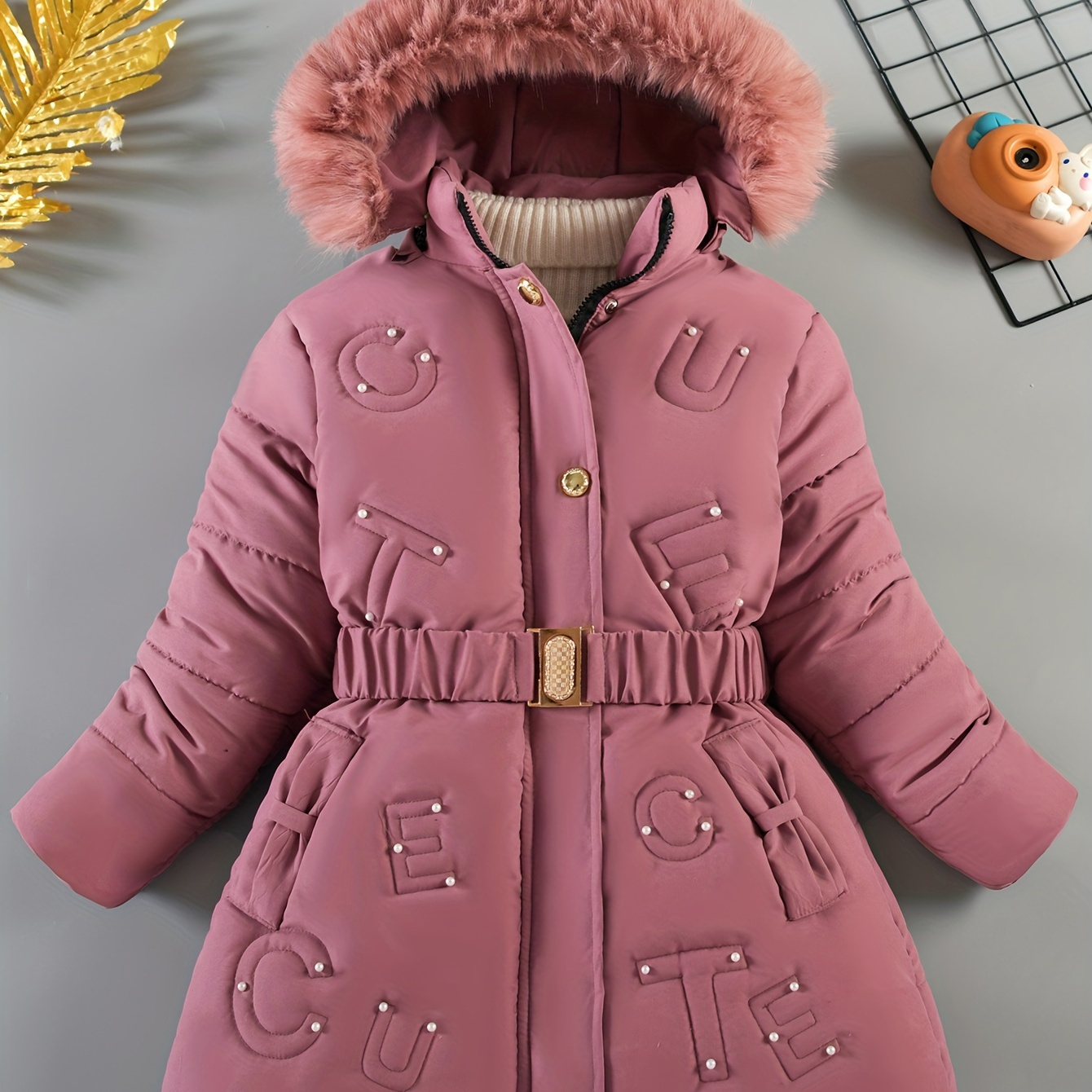 

Girls' Casual Fashion Belted Winter Puffer Coat With Detachable Furry Hood, 100% Polyester, Non-stretch, Geometric-pattern, Hooded Collar, Polyester Fiber Filled - Suitable For 12 And Under