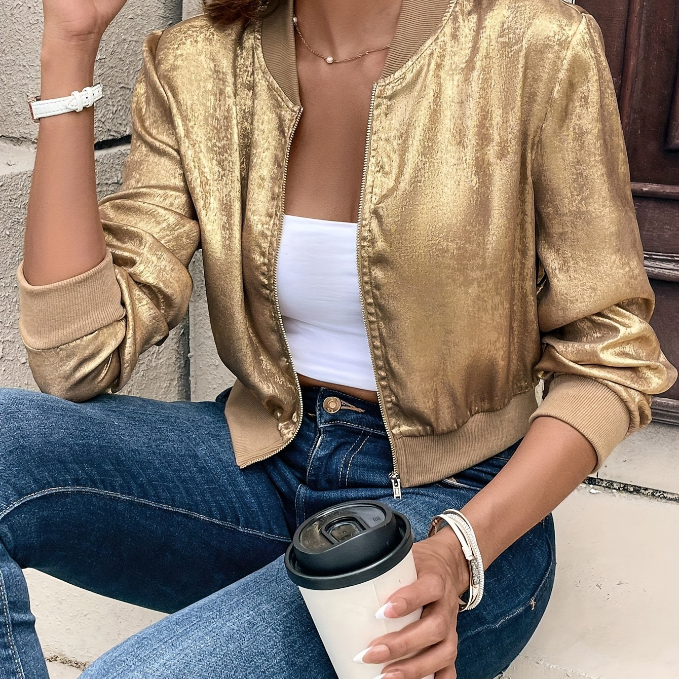 

Elegant Women's Metallic Jacket - Long Sleeve, Zip-up, Baseball Collar For Spring & Fall