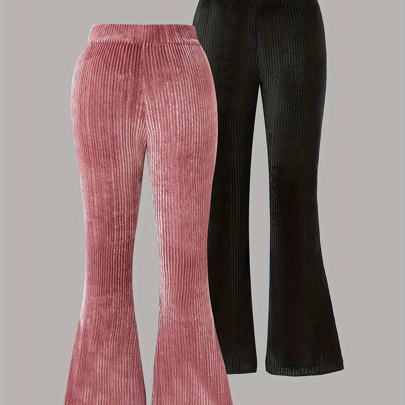 

Girls 2pcs/set Stretchy & Elegant Solid Colored Velvet Ribbed Flared Leggings For Spring & Fall