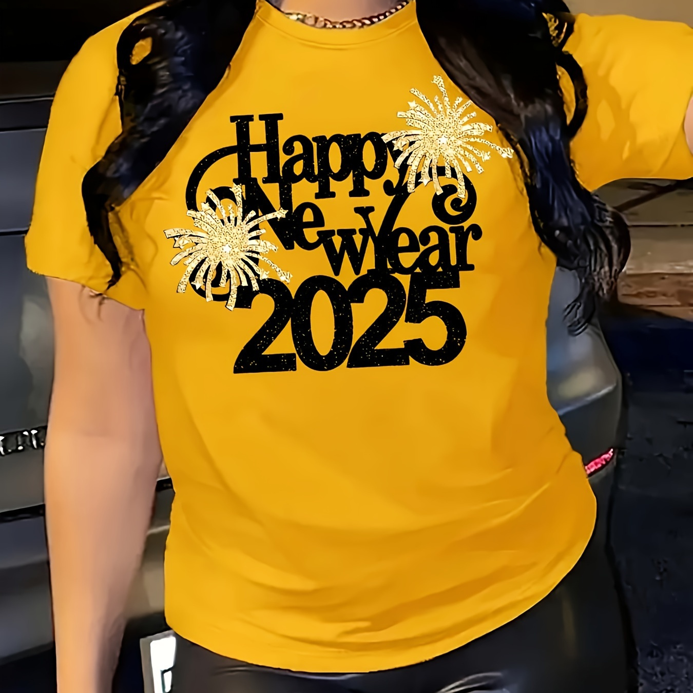 

Happy New Year 2025" Women's T-shirt - Casual Crew Neck, Short Sleeve, Stretchy Polyester , Machine Washable