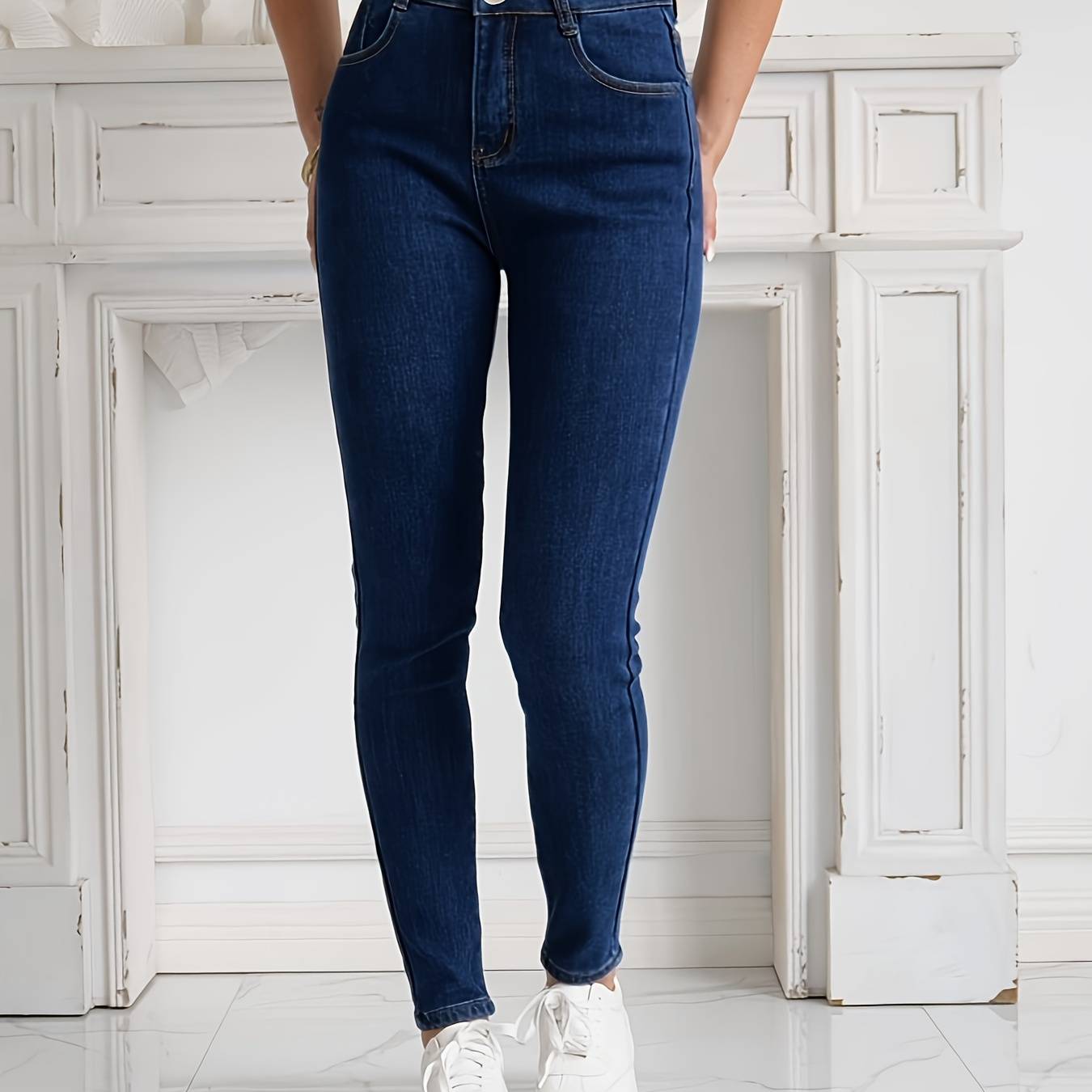 

Women's Stretch Skinny Jeans, Classic High Waist Denim Pants, Casual Plus Size Fashion, Versatile Blue Jean Trousers For Fall