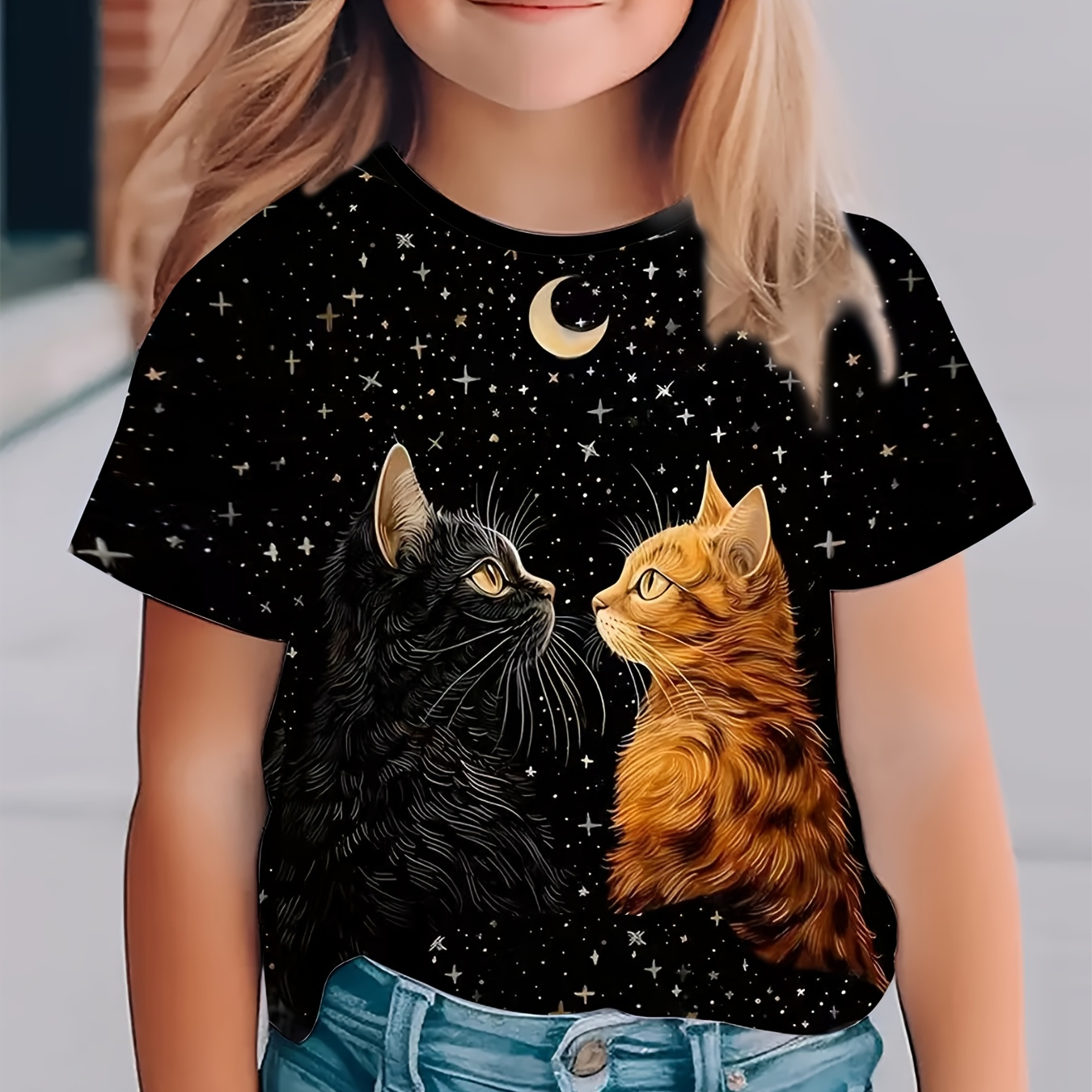 

Girls/boys Trendy 3d Moon & Cat Print Short Sleeve T-shirt Breathable Comfy Pullover Tops Summer Clothes