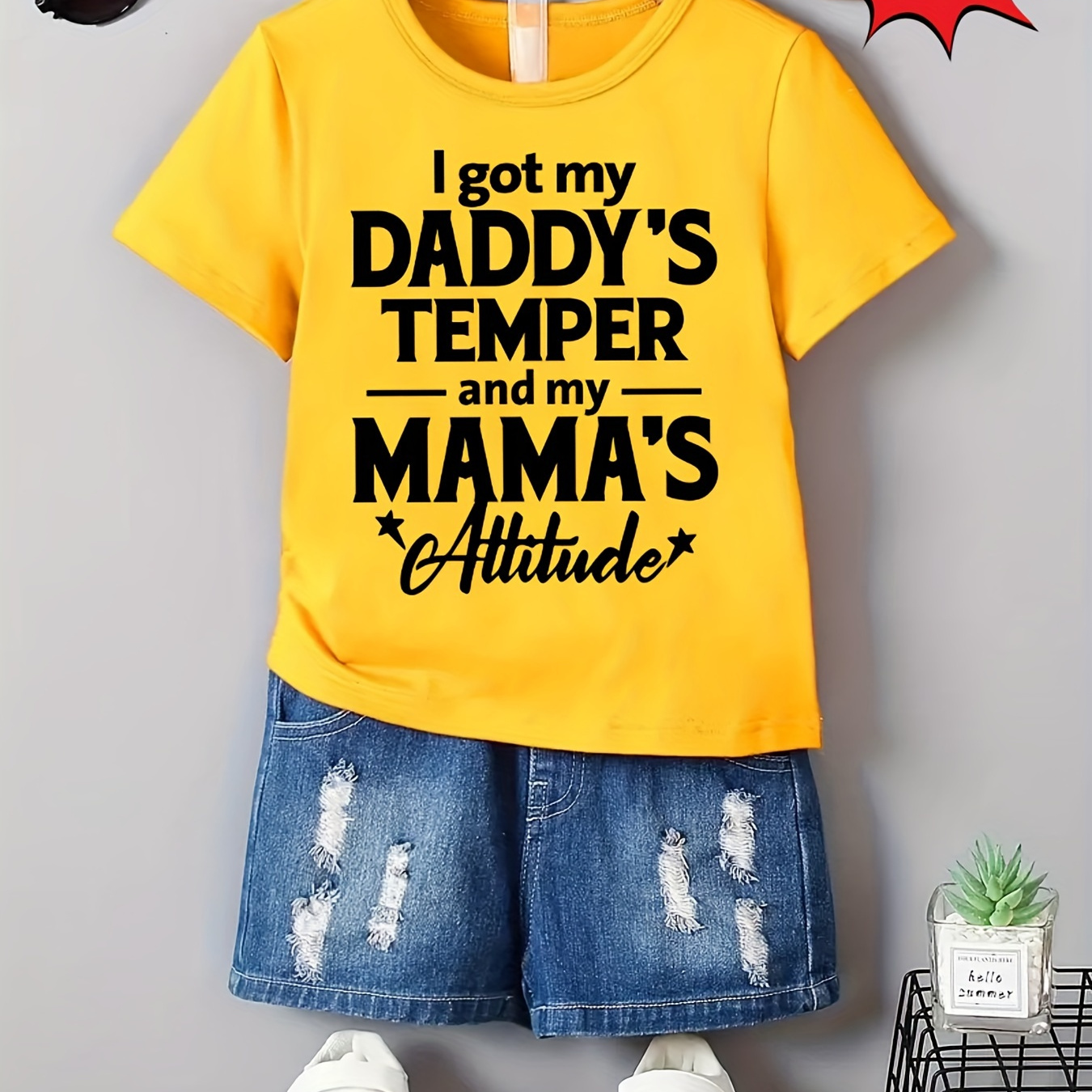 

1pc Only Top, Boys "i Got My Daddy's And My Mama's Attitude" Print Comfortable Versatile Short Sleeve T-shirt & Shorts Set, Cool, Lightweight And Comfy Summer Clothes