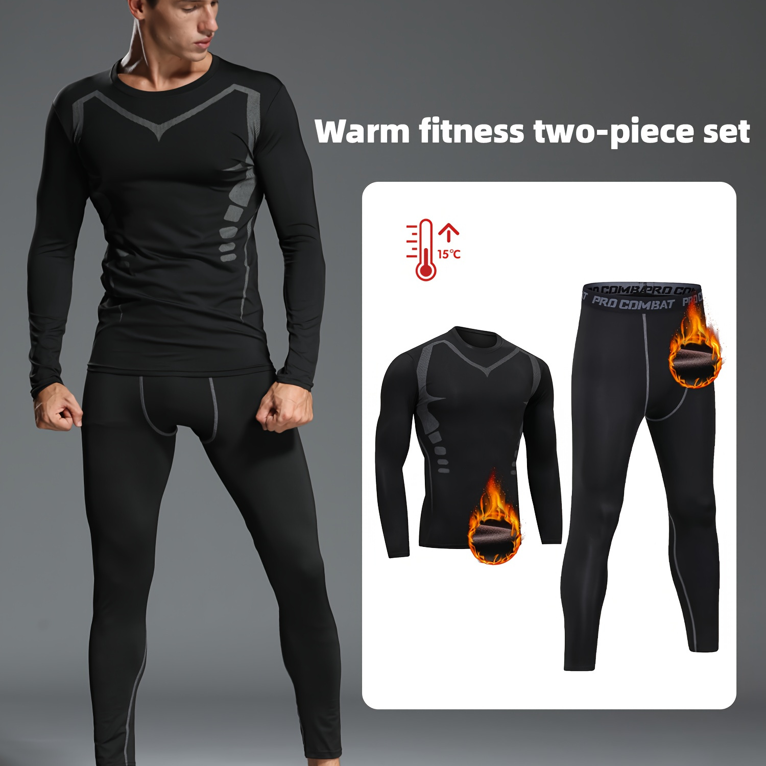 

Men's Thermal Sportswear 2-piece Set - Warm Fleece Lined Compression Outfit For Running, Gym, And Outdoor Activities