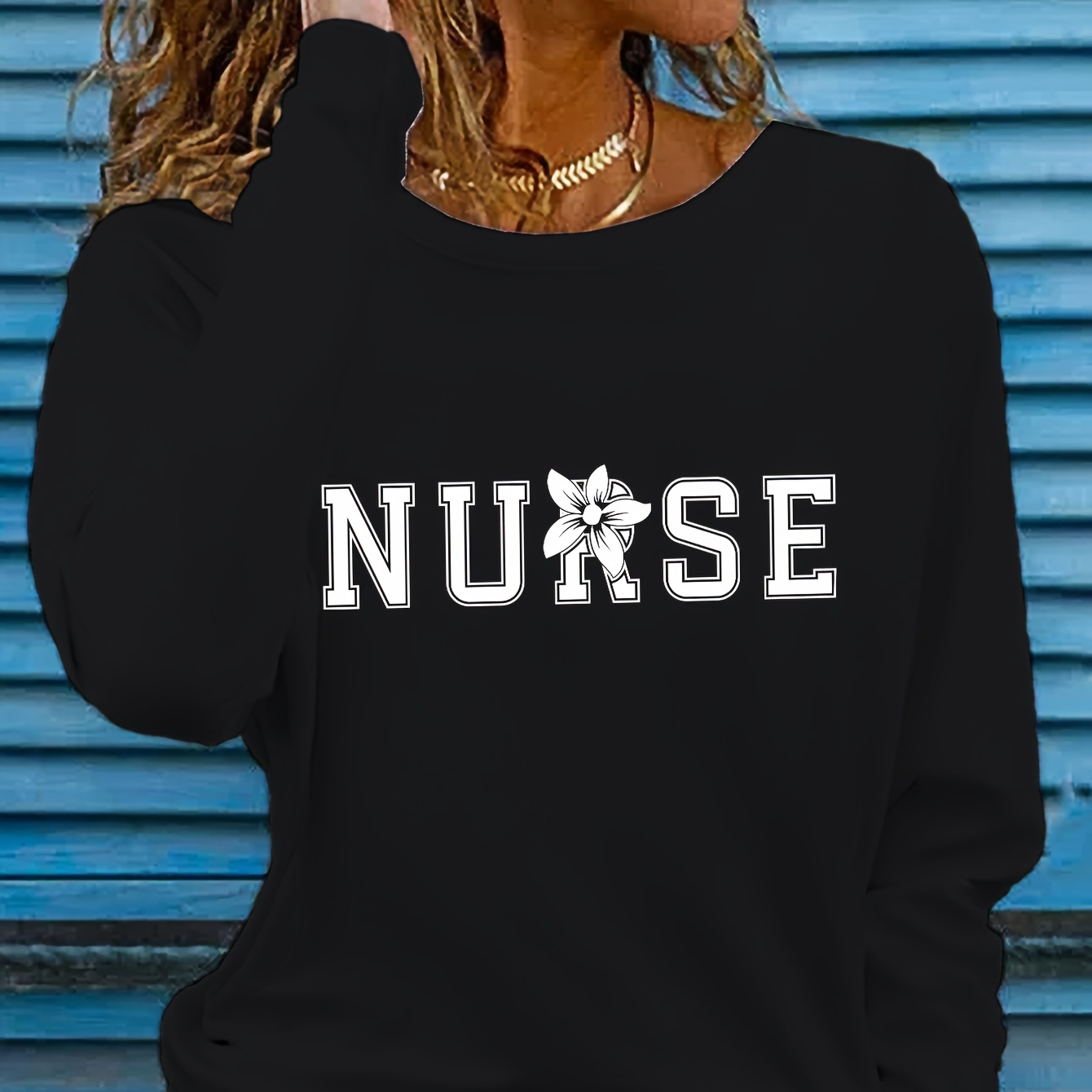 

Women's Long Sleeve Nurse Applique T-shirt - Casual Crew Neck Knit Polyester Top With Slight Stretch - Fall Pullover Regular Fit Tee With Alphabet Pattern