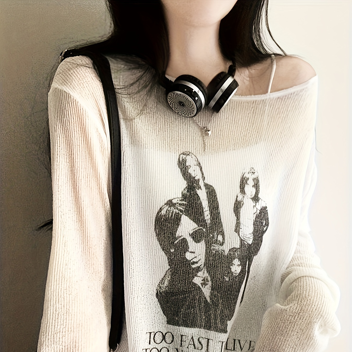 

Figure & Letter Print Boat Neck T-shirt, Casual Long Sleeve Semi-sheer T-shirt, Women's Clothing