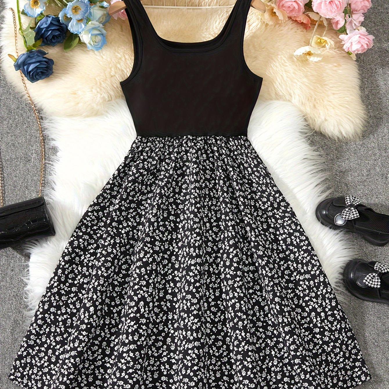 

Elegant Sleeveless Swing Dress With Floral Print For Teenage Girls