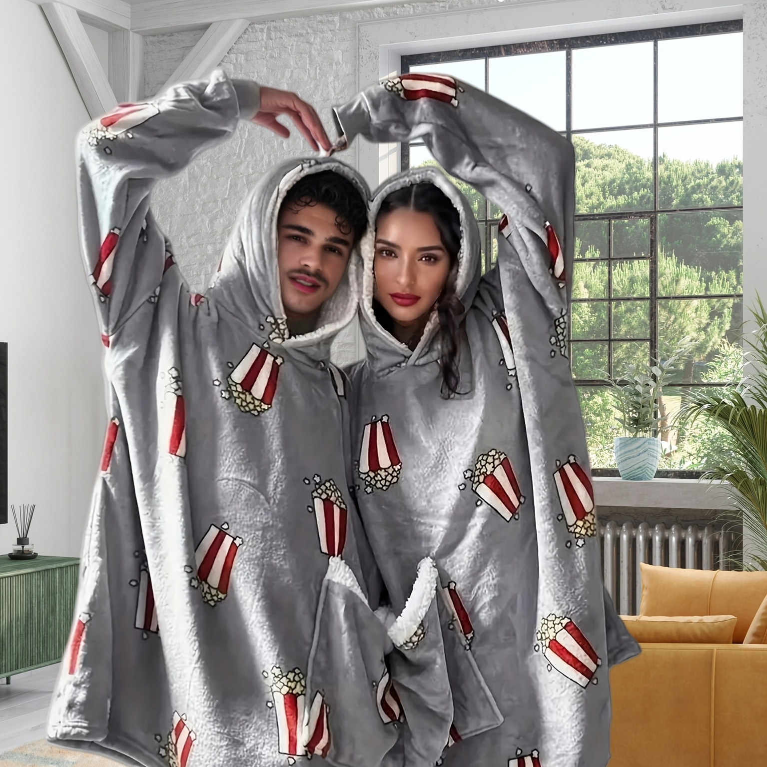 

Gray Popcorn Novelty Couple Thickened And Extended Hooded Sweatshirt Home Sleepwear