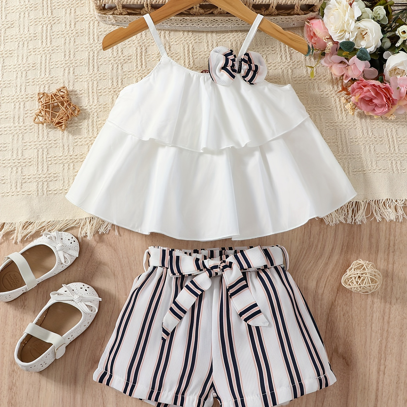 

2pcs Ensemble De Printemps Été Pour Bébé Fille En Haut De Cami Blanc + Short À Rayures Ensemble De Shorts Mignons Et Rafraîchissants Pour Bébé Fille