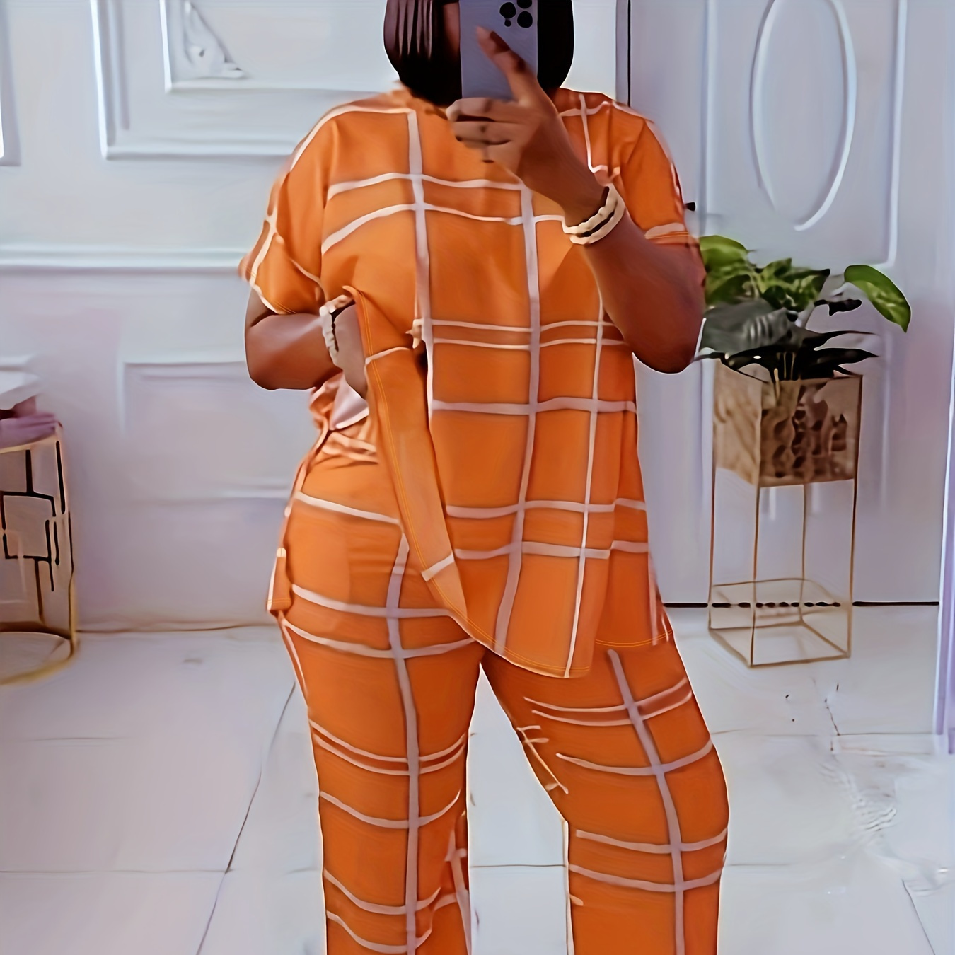 

Plus Size Plaid Print Two-piece Set, Crew Neck Short Sleeve Top & Straight Leg Pants Outfits, Women's Plus Size Clothing