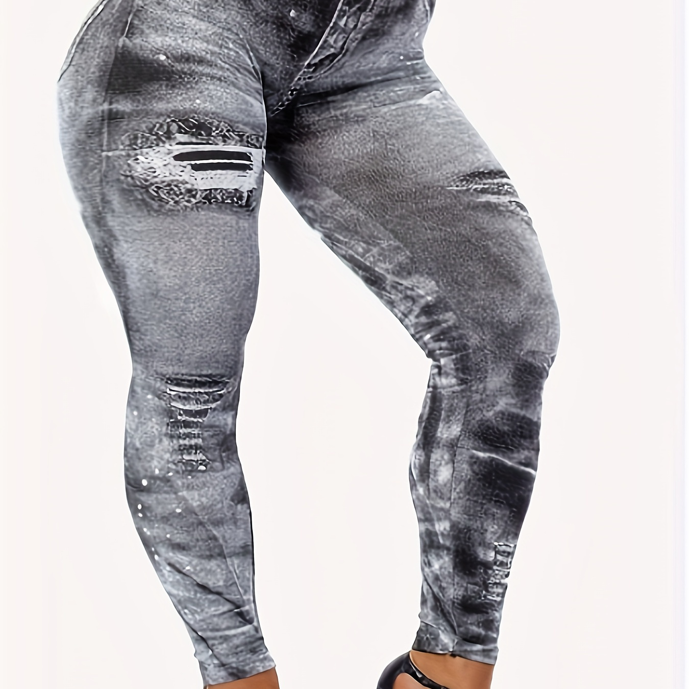 

Women's Plus Size Sporty High-waist Faux Denim Fake Jeans Leggings, Elastic Tie-dye Stretch Pants, Fashionable And Comfortable Jean Look-alike Trousers - Fall & Winter Suitable Spring/autumn