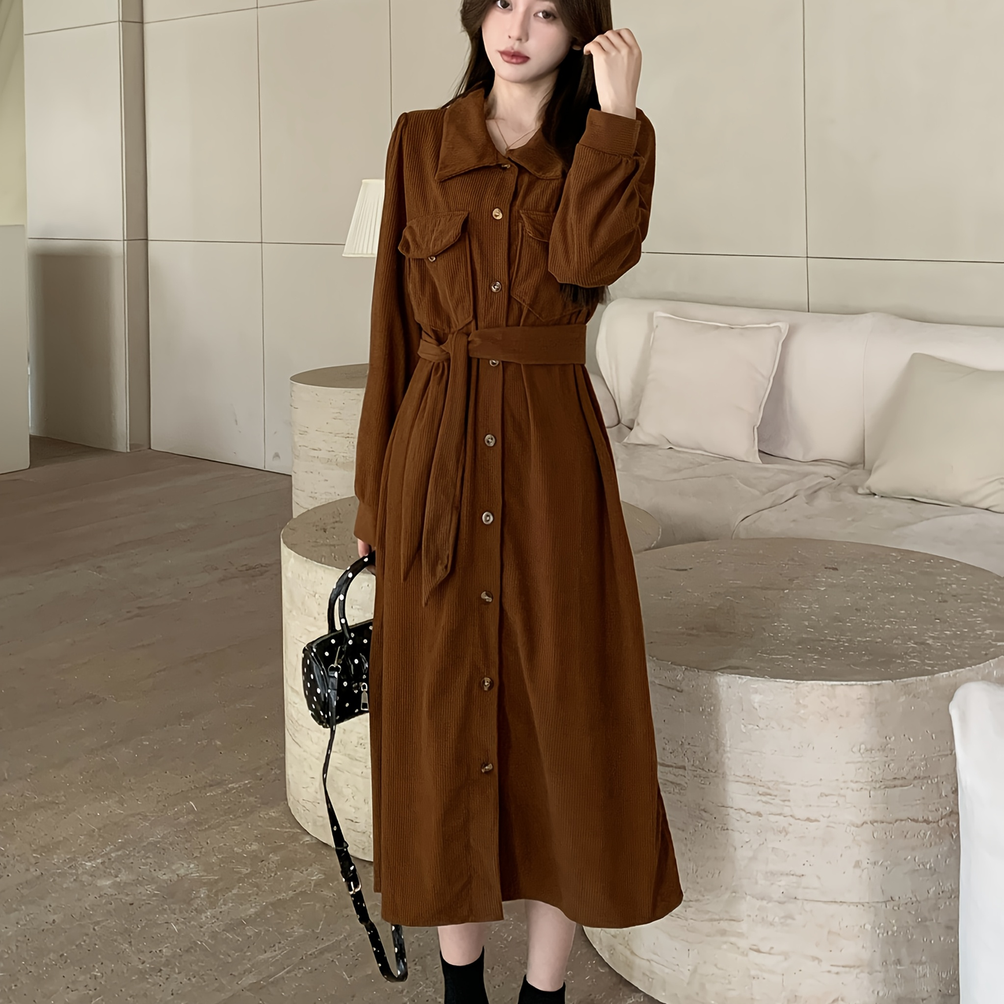 

Chic French Vintage Lapel Single-breasted Belted Waist Long Solid Color Corduroy Dress For Women, Polyester Material, , Button , A Type, Adult Size