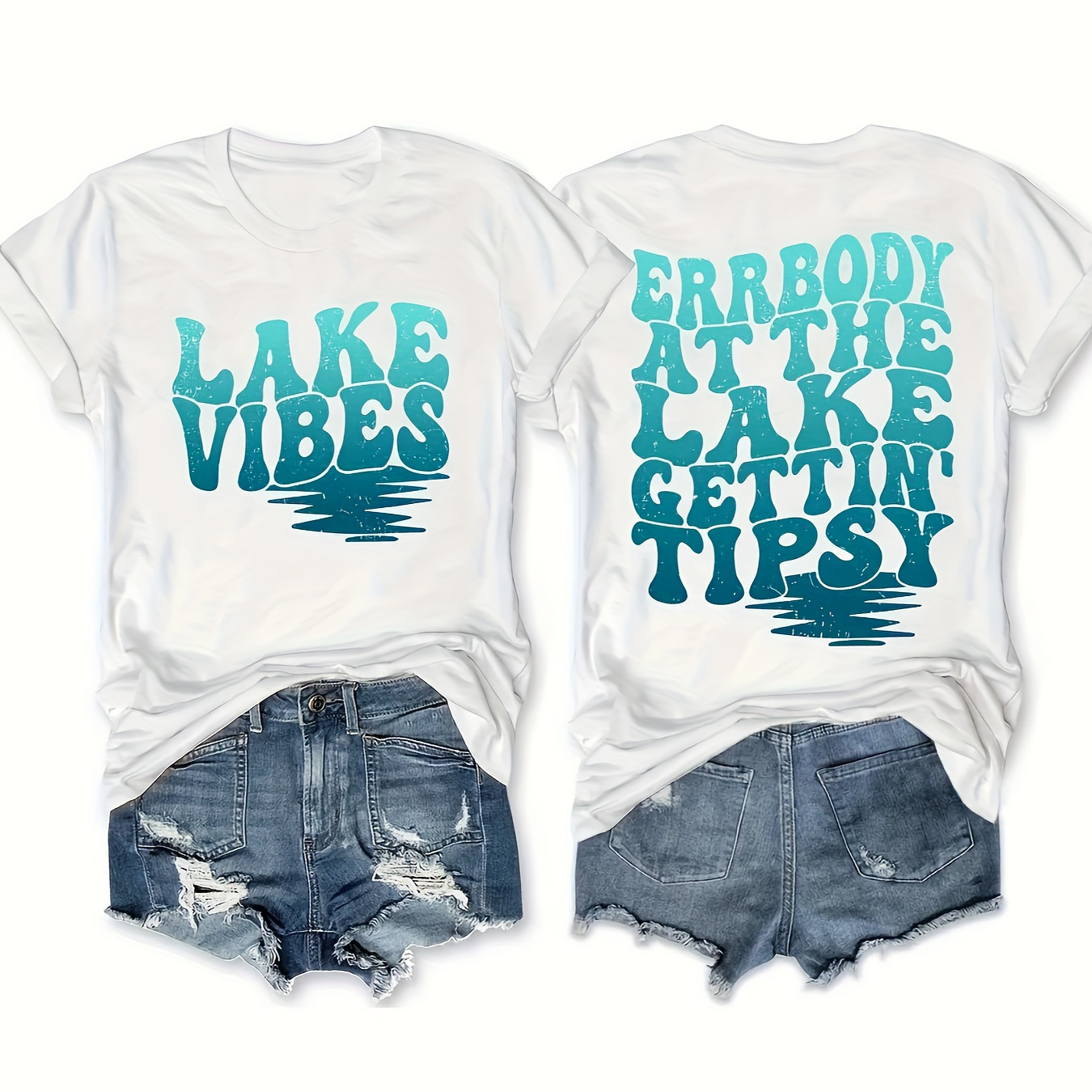 

Lake Vibe Print Crew Neck T-shirt, Short Sleeve Casual Top For Summer & Spring, Women's Clothing