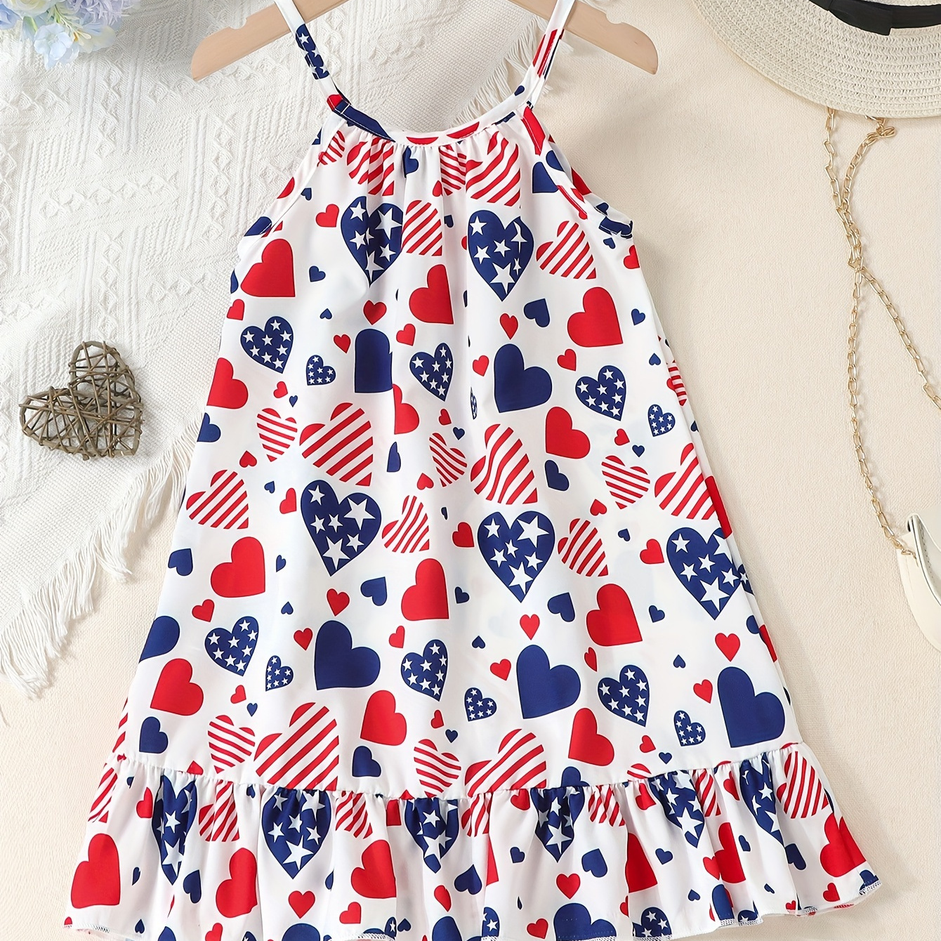 

Girls Flag Inspired Ruffle Hem Slip Dress For Holiday Going Out Beach Vacation