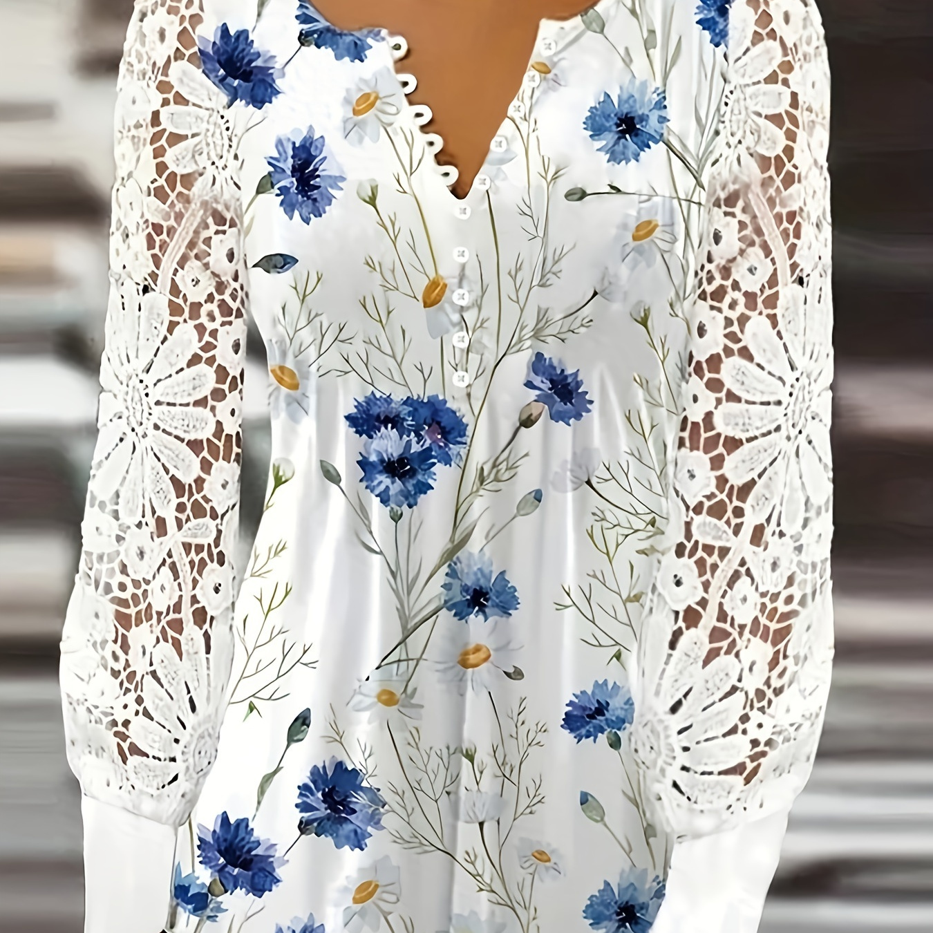 

Women's Plus Size Floral Print Long Sleeve Button-, Elegant V-neck Knit Fabric Blouse With Stretch, Polyester 95% Spandex 5%, Lightweight 180g/m² For Spring/summer/fall