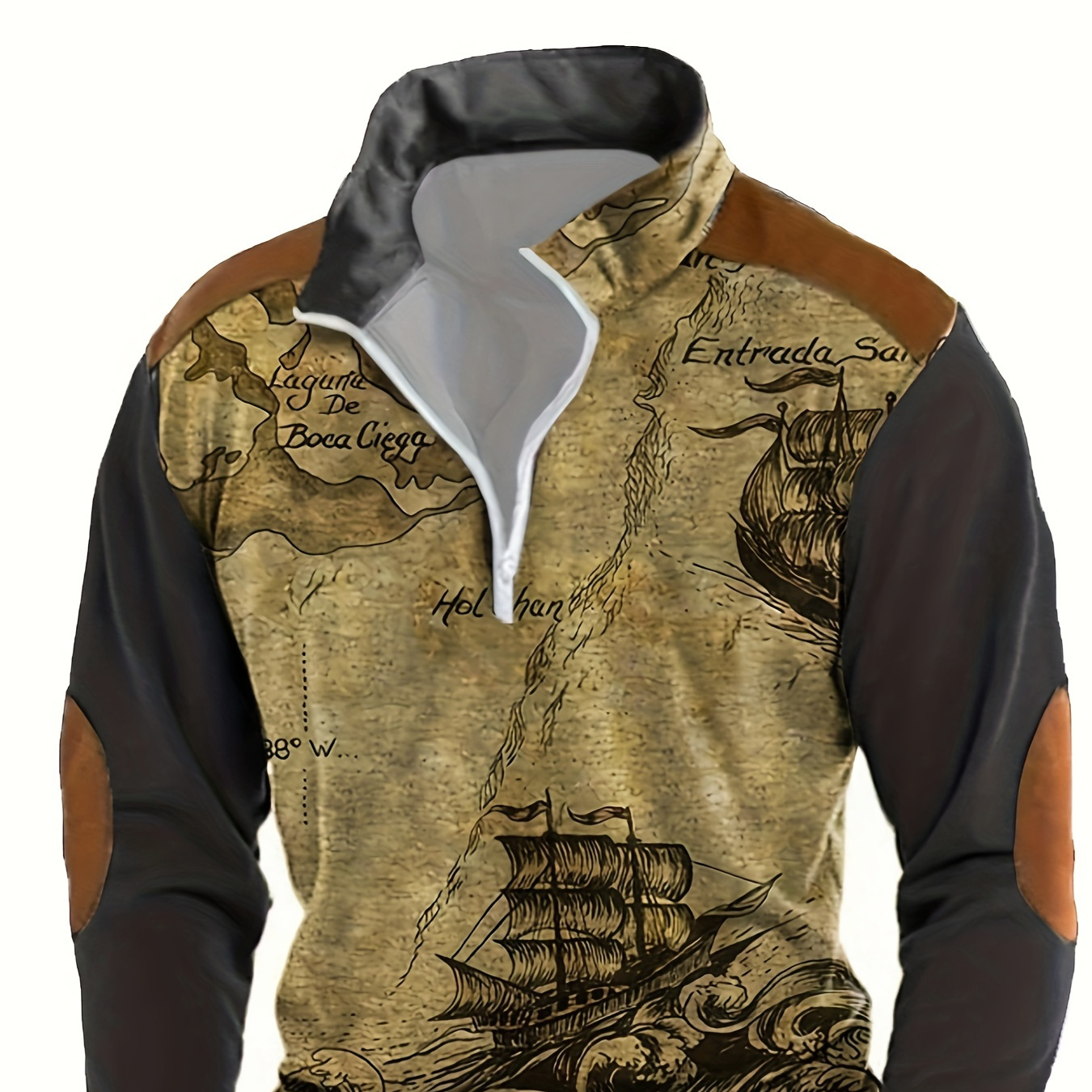 

Men's Retro Sailing Print Color Blocking Long Sleeve Henley Shirt, Casual Tops For Autumn And Winter As Gift