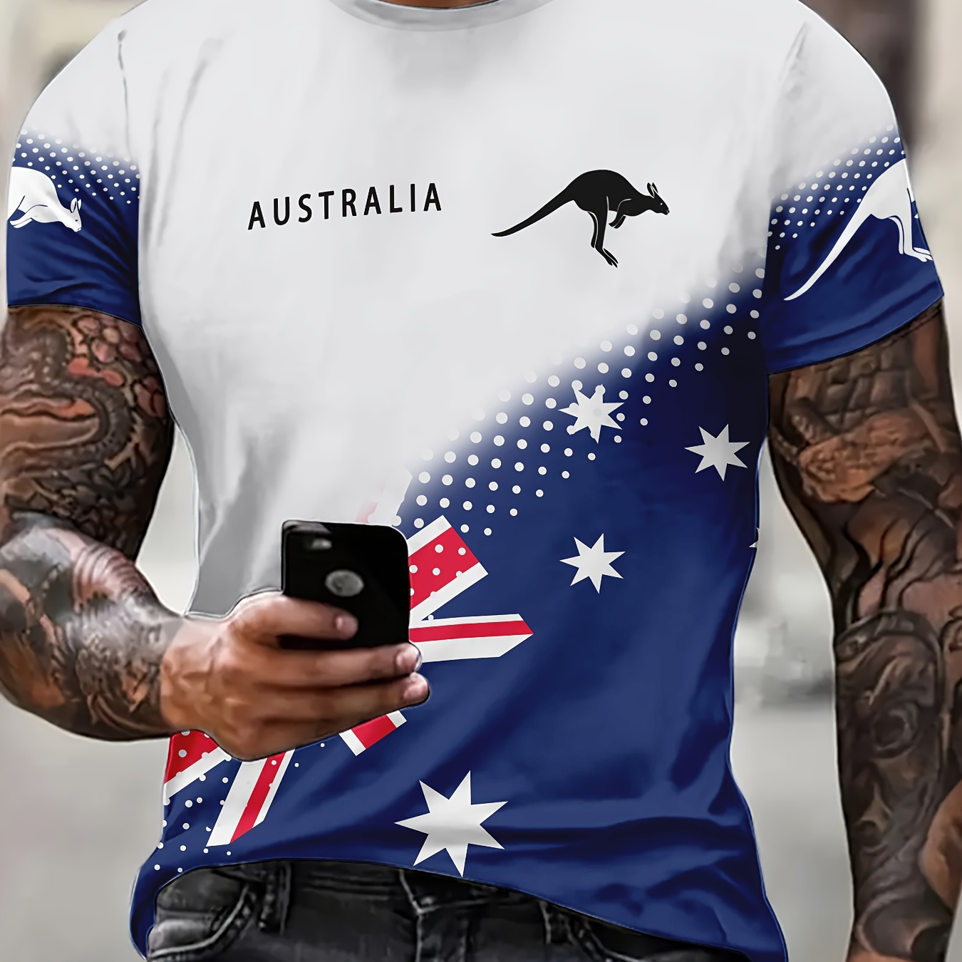 

Australia Flag Kangaroo Graphic 3d Print Men's Crew Neck Short Sleeve Tees, Summer Trendy T-shirt, Casual Comfortable Versatile Top For Daily Outdoor Street Wear