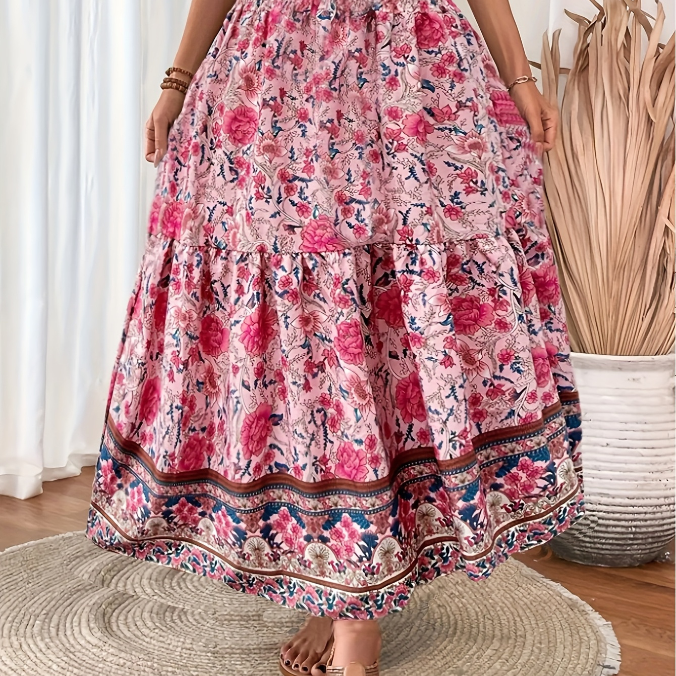 Jupe maxi bohème à imprimé floral pour femme avec ourlet froncé - Design rose vif, bleu et blanc, lavable en machine, parfaite pour la plage et les tenues décontractées, jupe de plage | Style bohème | Tissu en polyester