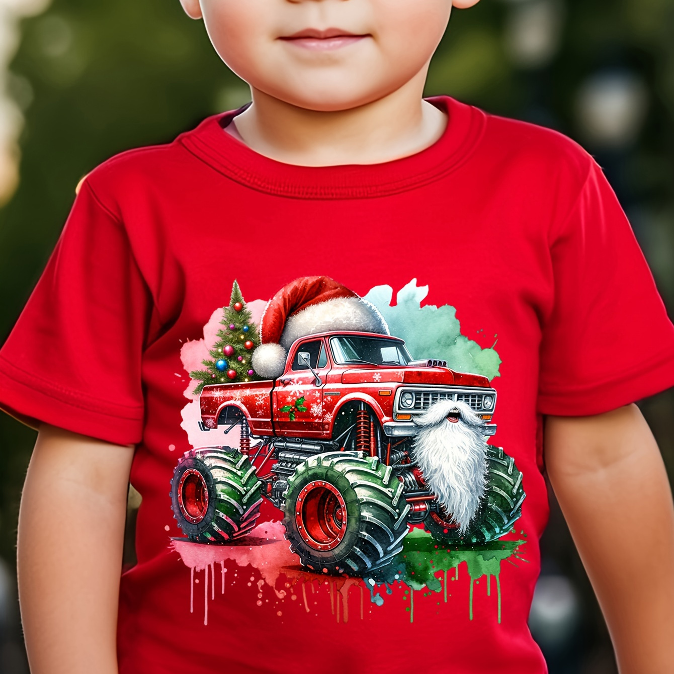 

Christmas Truck Print Casual Crew Neck T-shirt For Boys, 100% Polyester, Spring/summer Tee With Slight Stretch, Regular Fit Knit Top For Children Aged 12 And Under - Chicfull