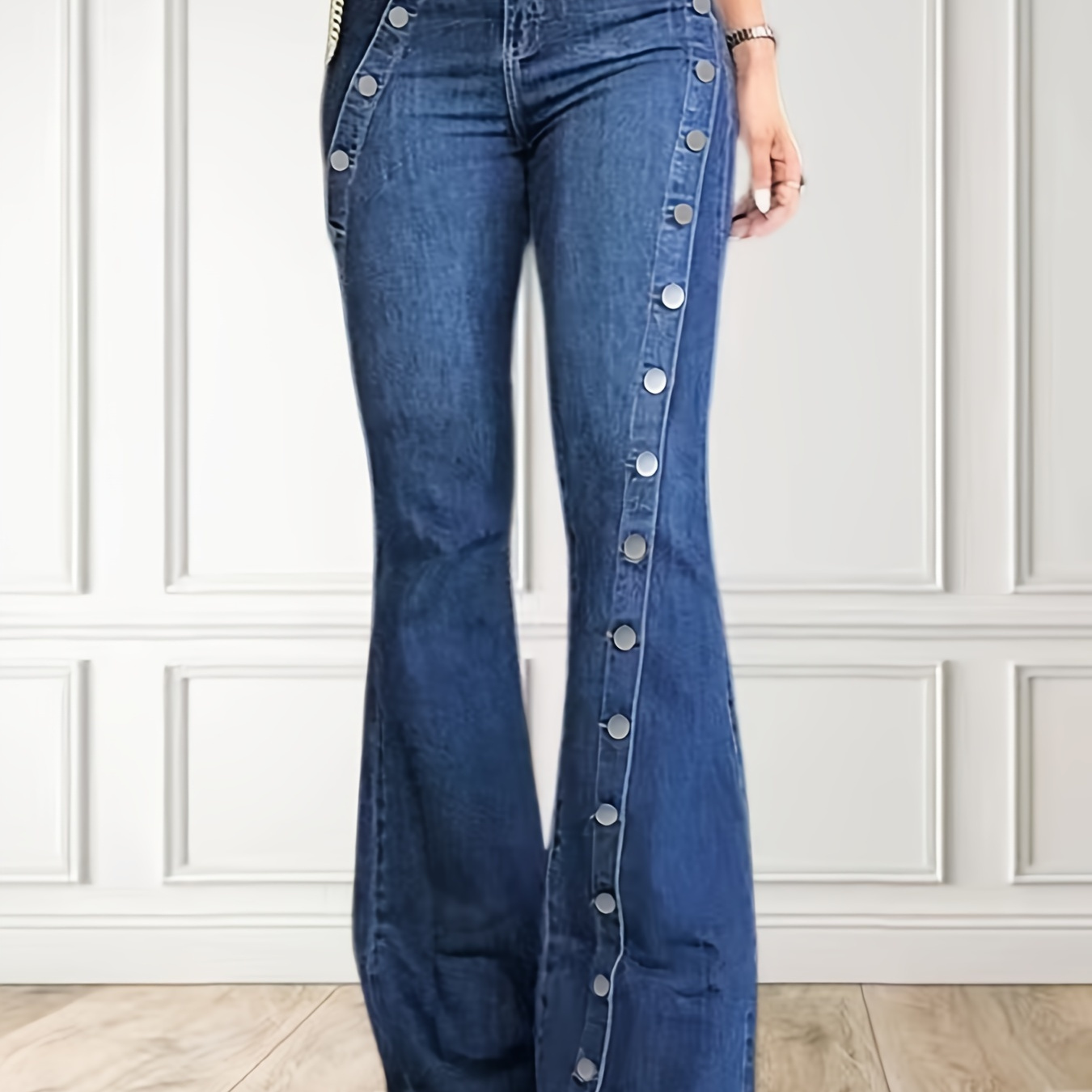 

Plus Size Casual Jeans, Women's Plus Solid Button Fly High Rise High Stretch Button Decor Bootcut Jeans