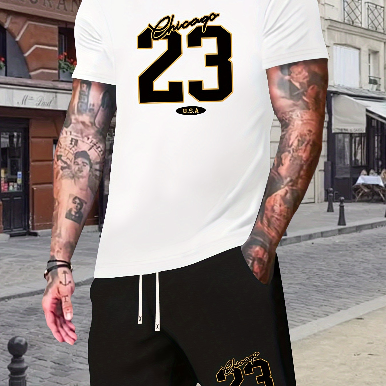 

2pcs, Chicago 23 Graphic T-shirt + Shorts Set, Versatile Outfits For Men, Summer, Outdoor, Sports, Men's Clothing