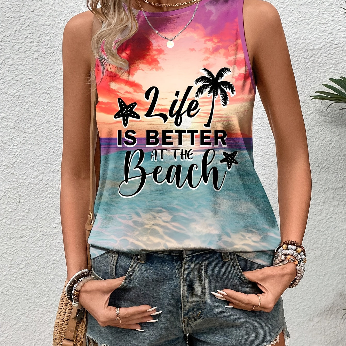 

Palm Tree Print Crew Neck Tank Top, Casual Sleeveless Tank Top For Summer, Women's Clothing