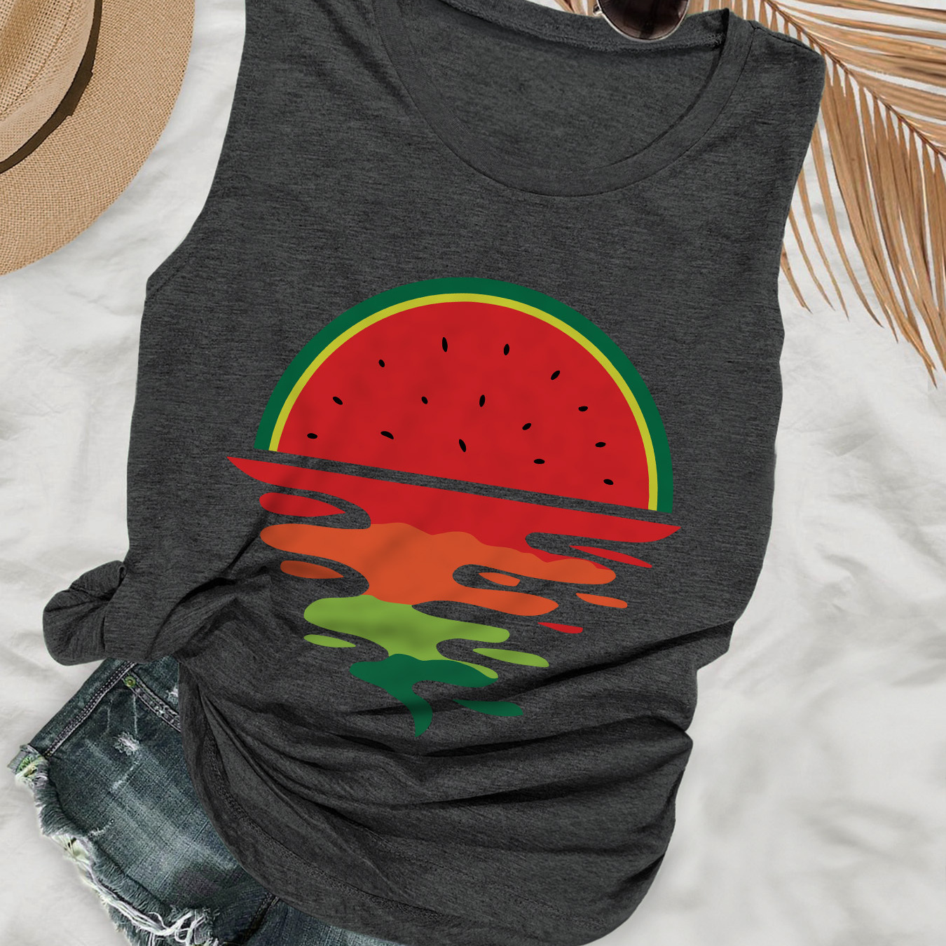 

Watermelon Print Tank Top, Sleeveless Casual Top For Summer & Spring, Women's Clothing