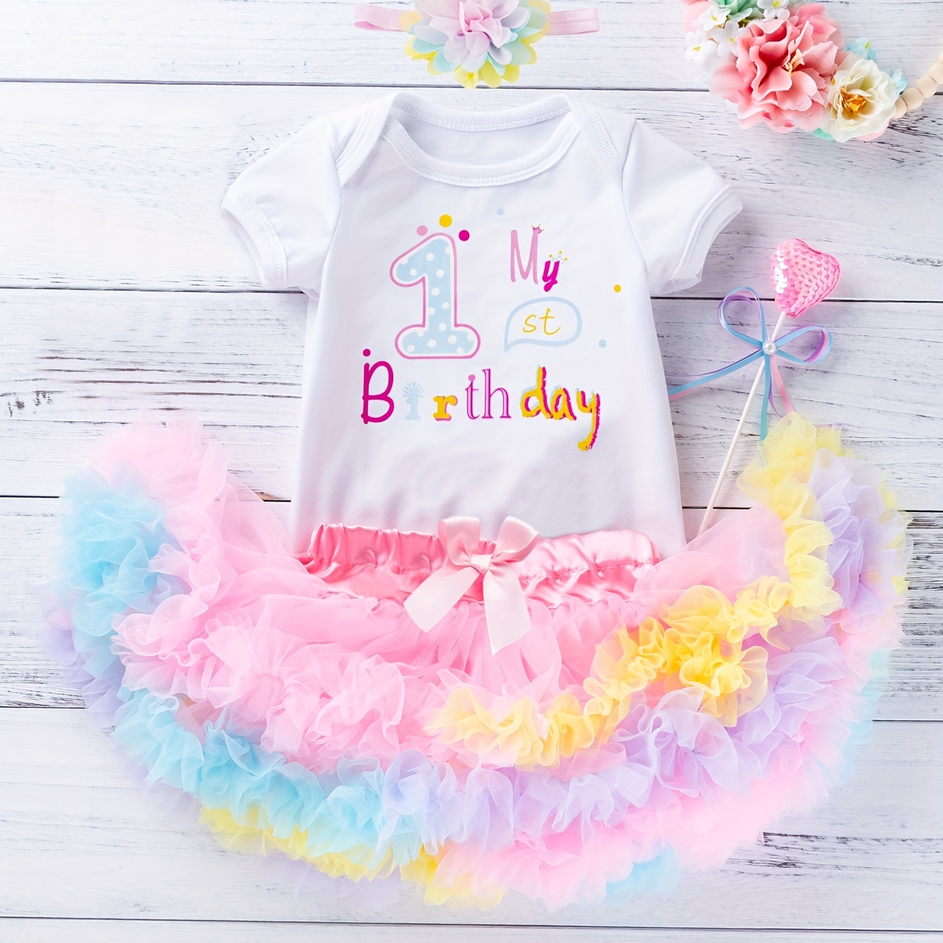 

3pcs Baby Infant Girls Cute "my 1st Birthday" Short Sleeve Onesie & Mesh Tutu Skirt & Headband Set Clothes