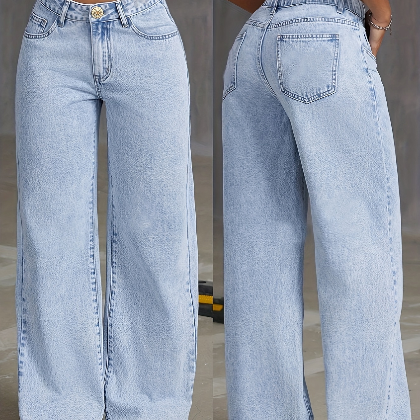 

Pantalon en denim bleu délavé, coupe ample et décontractée, style basique, pour femme.