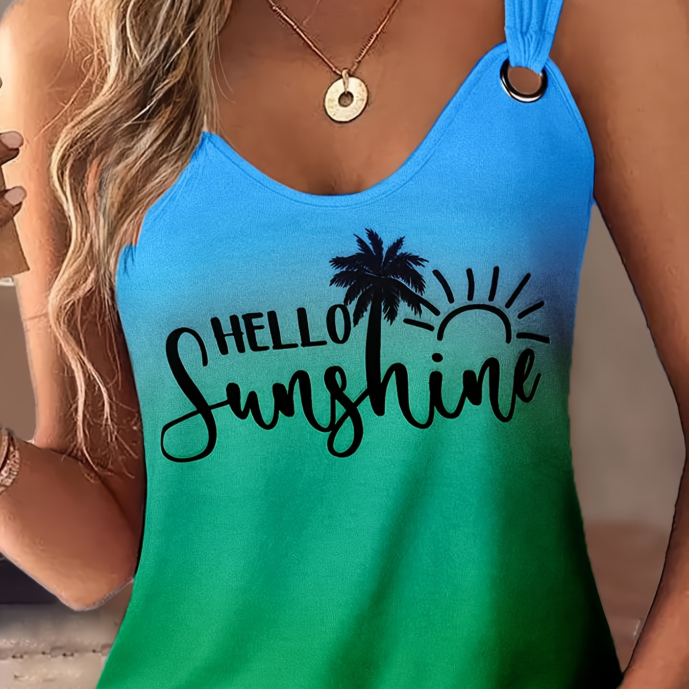 

Coconut Tree & Letter Print Tank Top, Vacation Style Ring Decor Strap Color Block Summer Top, Women's Clothing