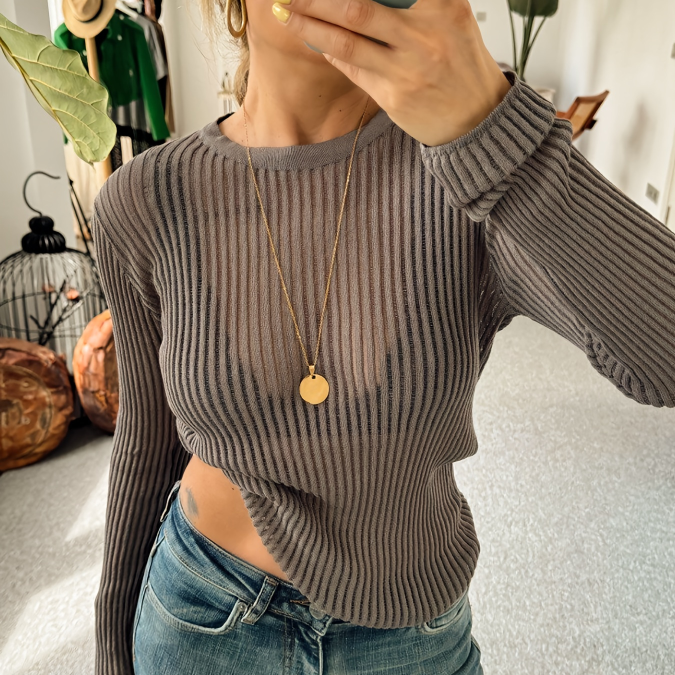 

Ribbed Sheer Crew Neck Sweater, Sexy Long Sleeve Sweater For Spring ＆ Fall, Women's Clothing