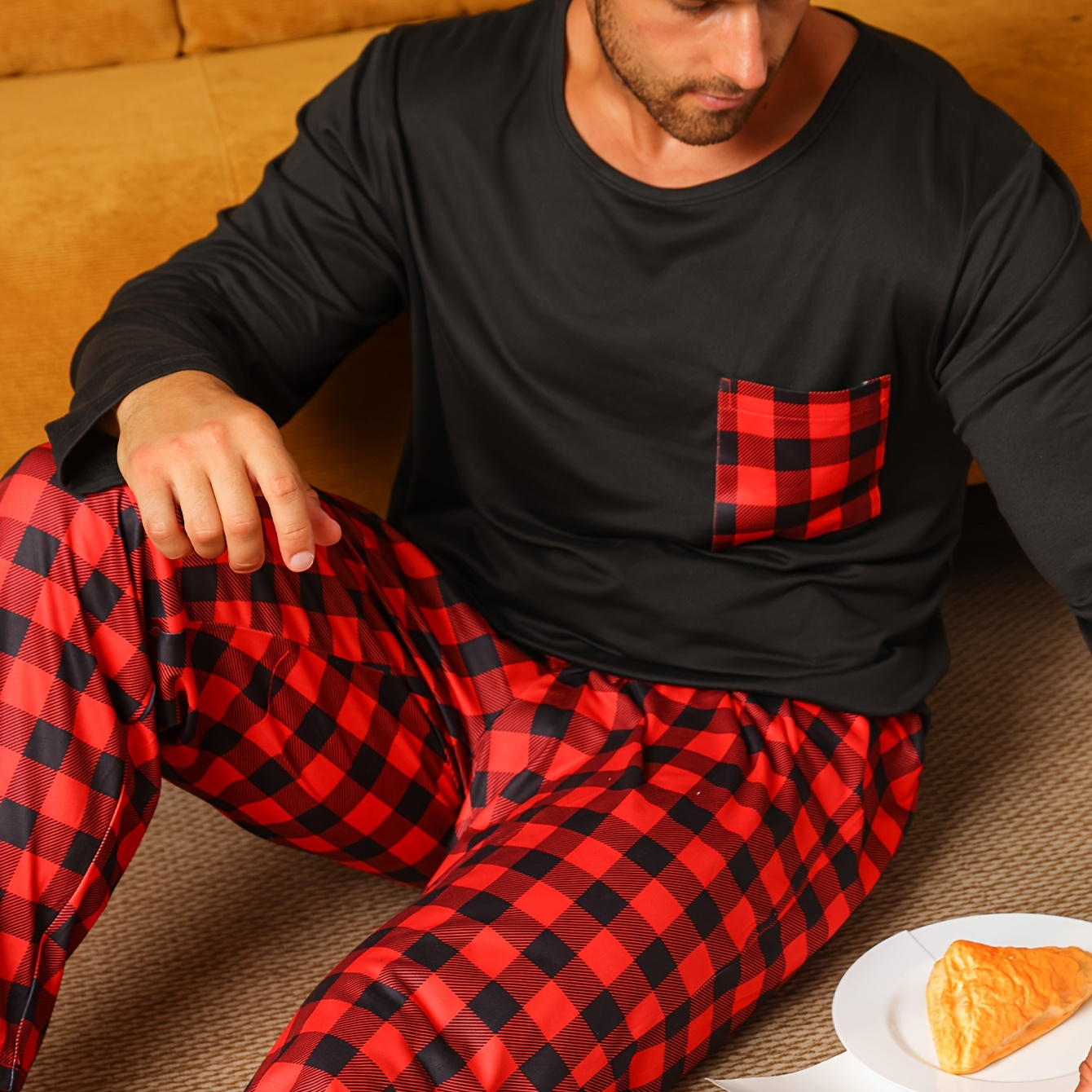 

1 Set Men's Casual Pajama Set - Crew Neck Long Sleeve Top With Pocket & Matching Pants, Polyester Knit Fabric, Slight Stretch, Regular Fit For Fall/winter