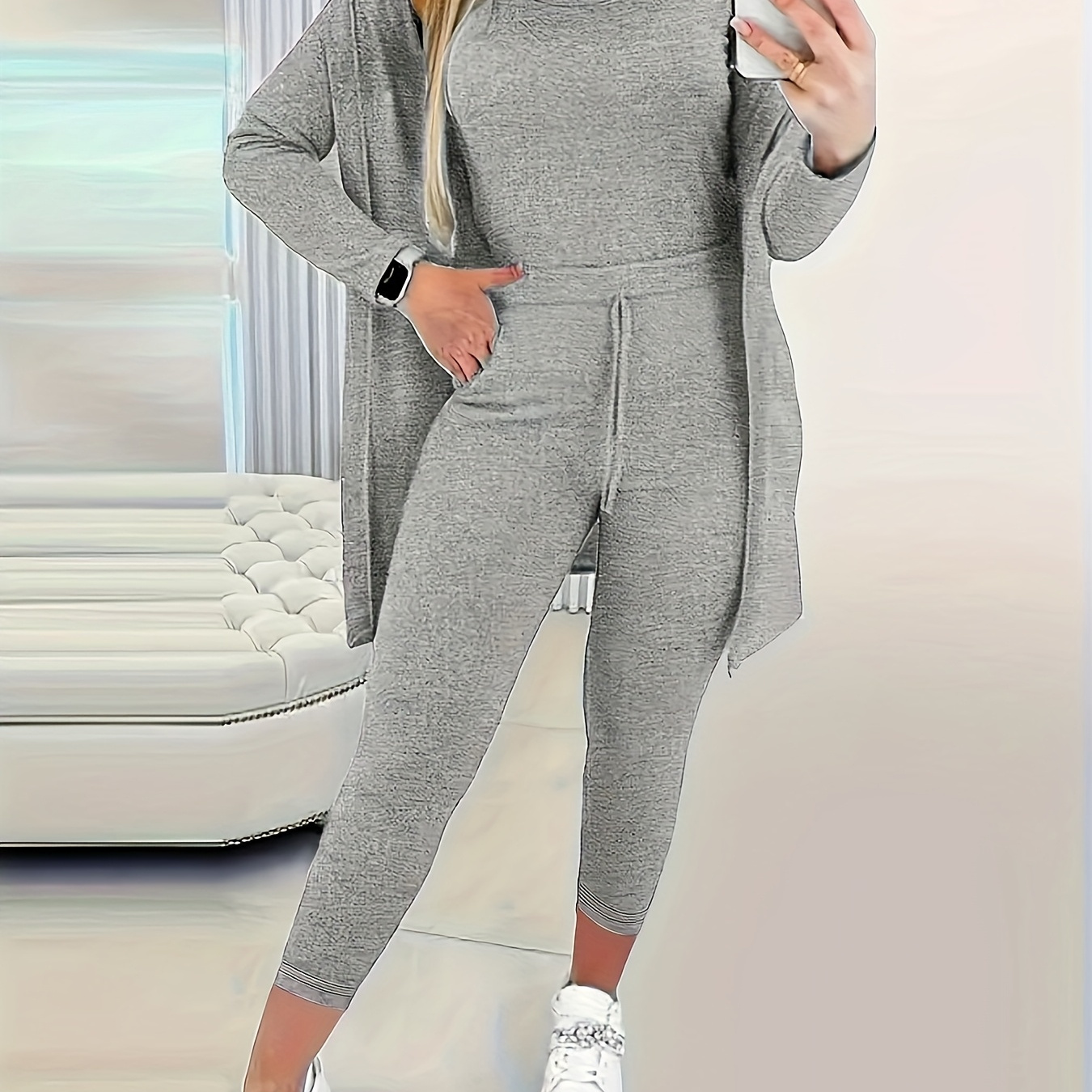 

Ensemble 3 pièces pour femmes, Tenue décontractée unie chic, Tissu tricoté 95% polyester 5% élastane, Haut de gilet et pantalon long avec cordon, 160g/m² - ceinture