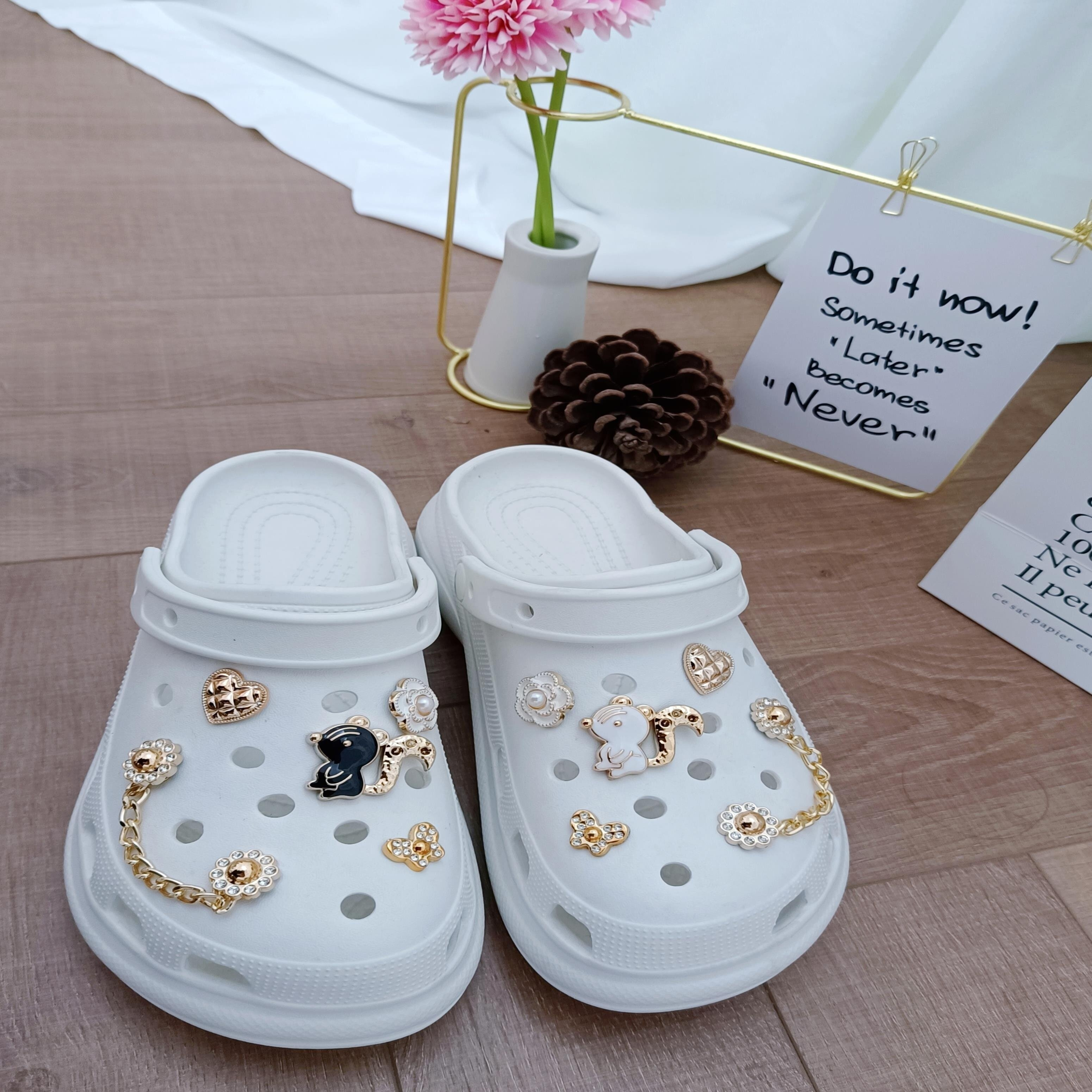 1 Set JIBZ Crocs Charms Designer Bling Luxury Flower Perfume Accessories  Decorations for Croc Golden Pearl Rhinestone Shoes New