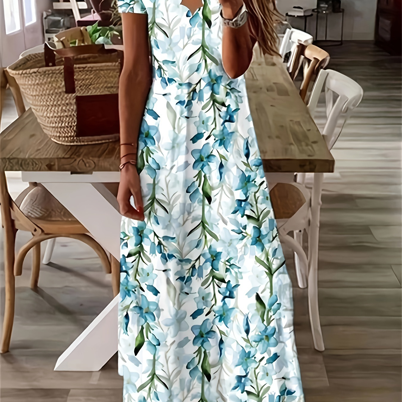 

Floral Print Scallop Trim V-neck Dress, Vintage Short Sleeve Maxi Dress For Spring & Summer, Women's Clothing