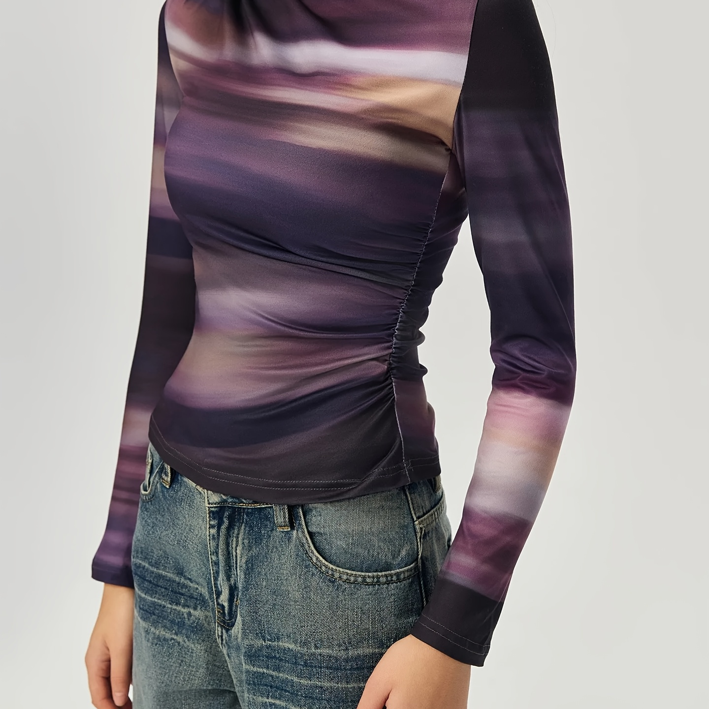 

Women's Long Sleeve Turtleneck T-shirt, Elegant Polyester , Ruched Fit, Tie-dye Pattern, Regular Sleeve, Regular Length, Fall/ Top