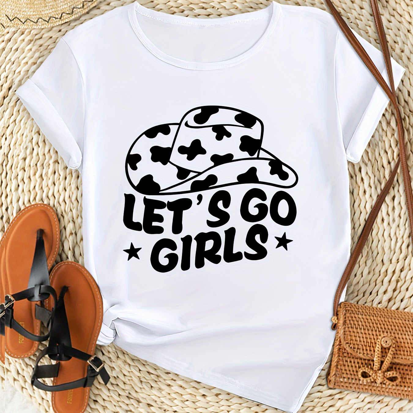 

Women's Plus Size Casual Sporty T-shirt, Cowgirl Cowboy Hat And Spots Print, Comfort Fit Short Sleeve Tee, Fashion Breathable Casual Top