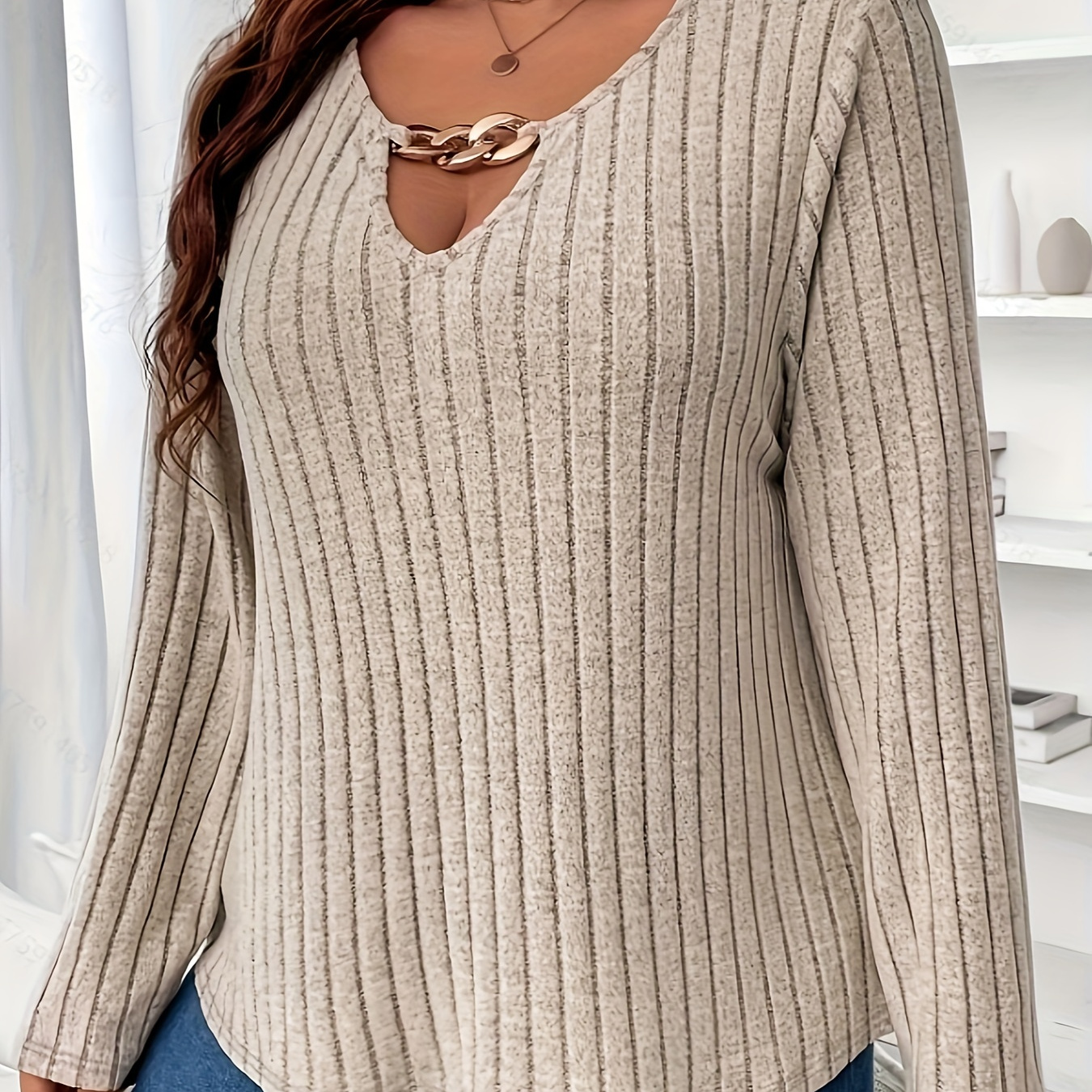 

Plus Size Casual Top, Women's Plus Solid Ribbed Cut Out Metal Decor Long Sleeve Round Neck Slight Stretch Top