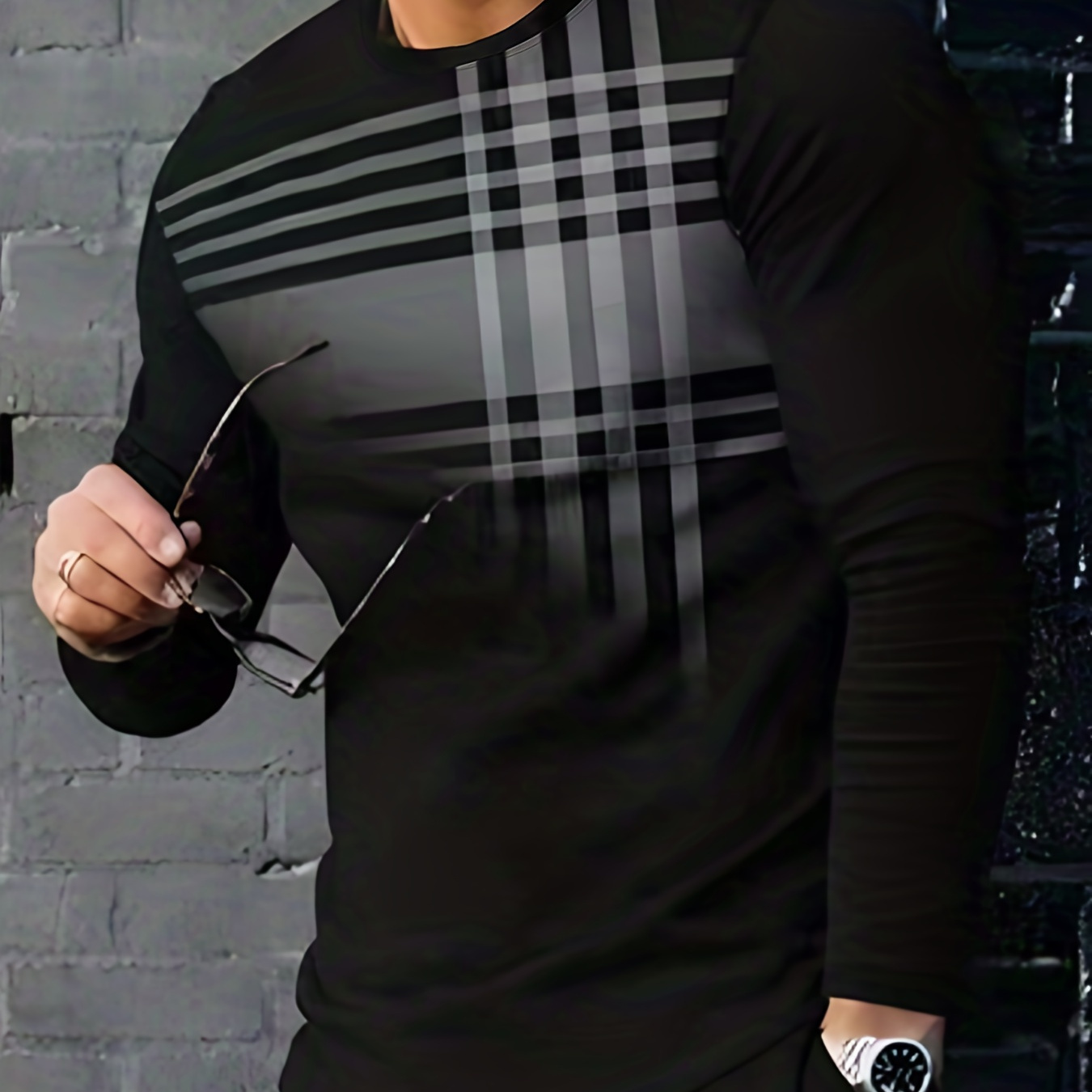 

Stylish Stripe 3d Print Men's Casual Long Sleeve Crew Neck T-shirt, Spring Fall