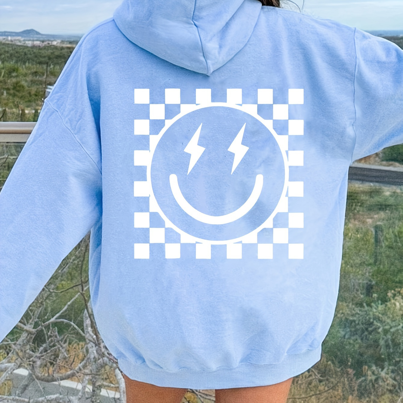 

Women' Blue Face & Lightning Bolt Print Hoodie - Cozy Polyester Knit, Drawstring Hood With Front Pocket, Long Sleeves - Casual Sporty Sweatshirt Jacket For Fall/winter, Sweater Hoodie