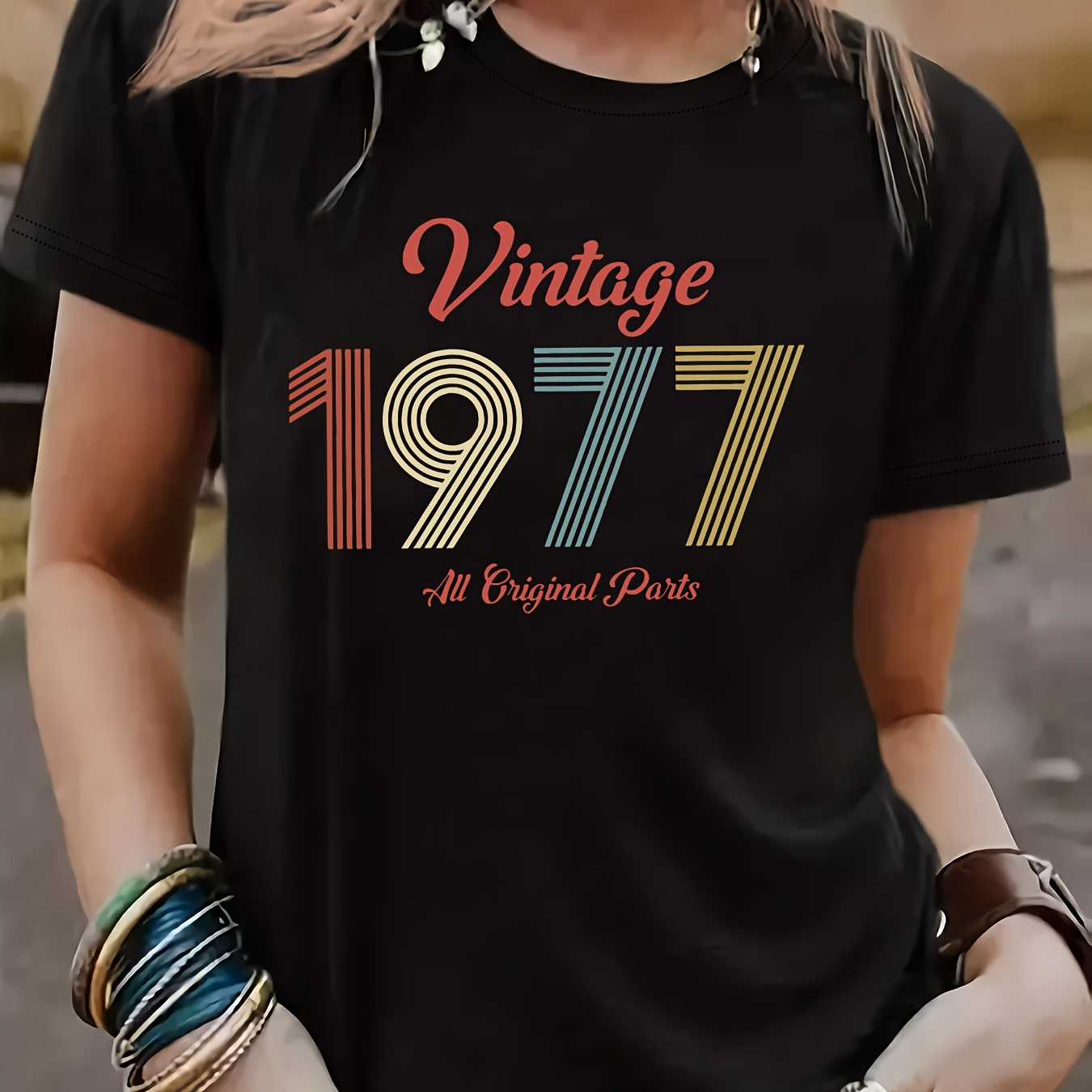 

T-shirt Imprimé VINTAGE 1977 Grande Taille, Haut Décontracté À Col Rond Et Manches Courtes Pour Le Printemps Et L'été, Vêtements Grande Taille Pour Femmes