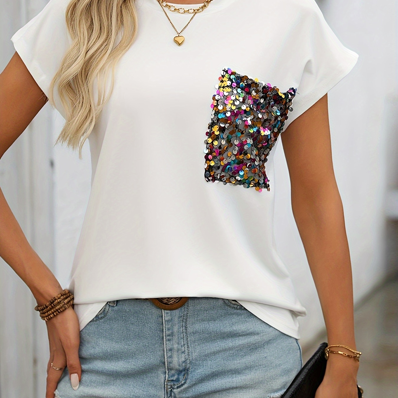 

Sequin Patchwork Crew Neck T-shirt, Casual Short Sleeve T-shirt For Spring & Summer, Women's Clothing