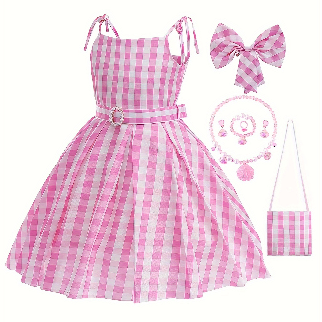 

Toddle Girl's Dress Pink Plaid Cute Girl's Dress + Belt + Headwear + Backpack + Jewelry