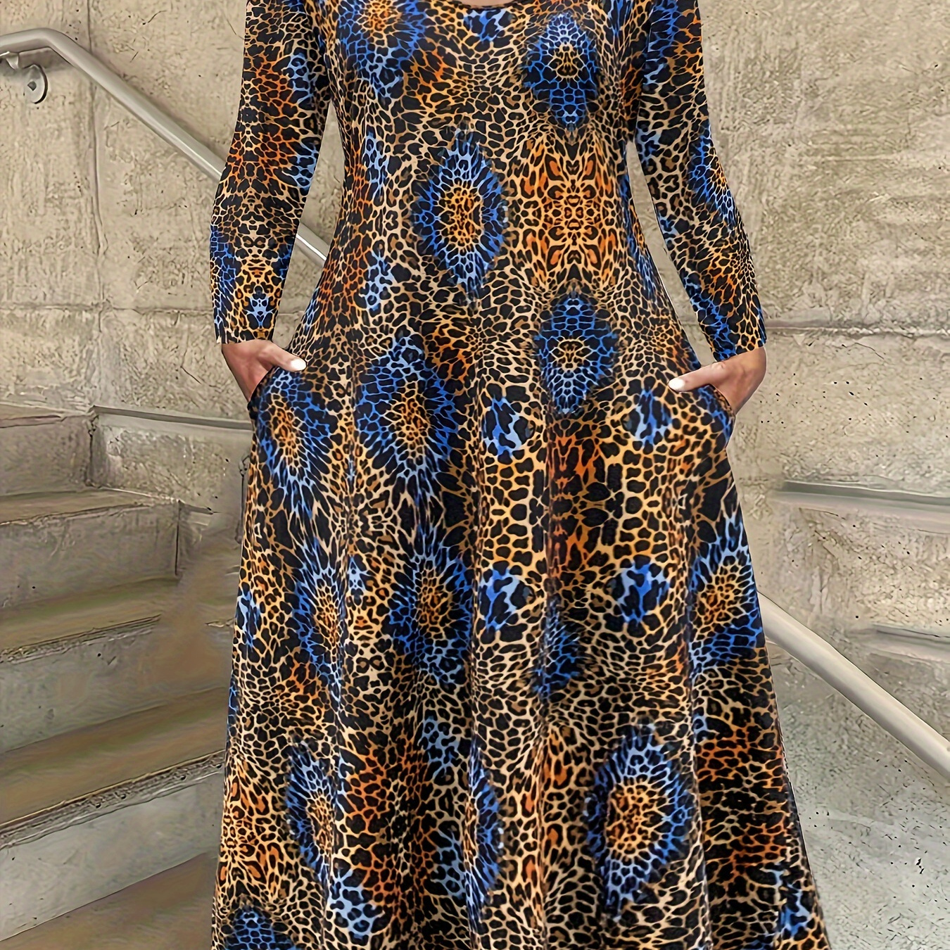 

Chic Leopard Print Long Sleeve Dress With Pockets - Casual Crew Neck, Stretchy Polyester Blend For Women - Perfect For Fall/winter