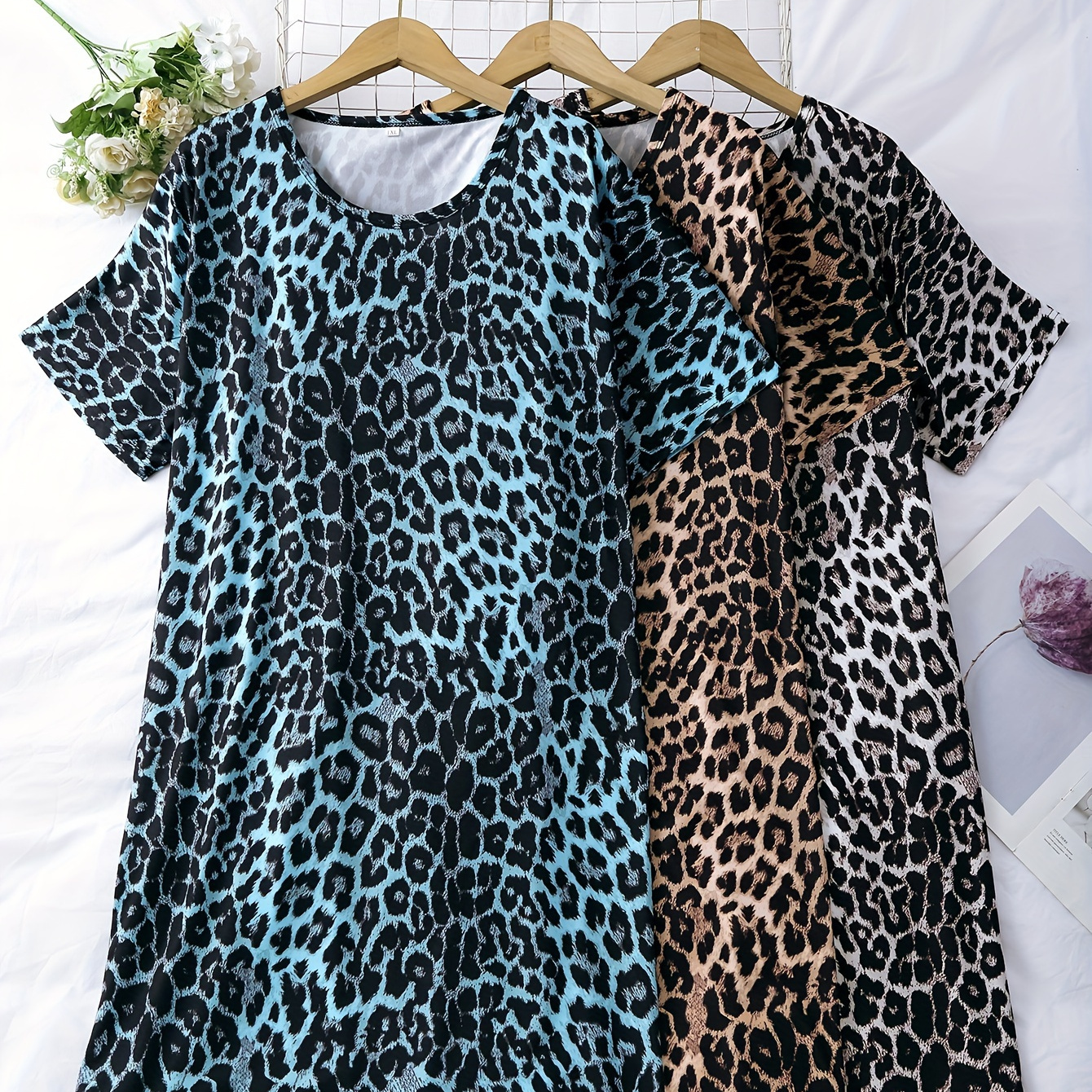 

3 Pack Plus Size Casual Nightdress Set, Women's Plus Leopard Print Short Sleeve Round Neck Plain Tee Sleep Dress 3pcs Set