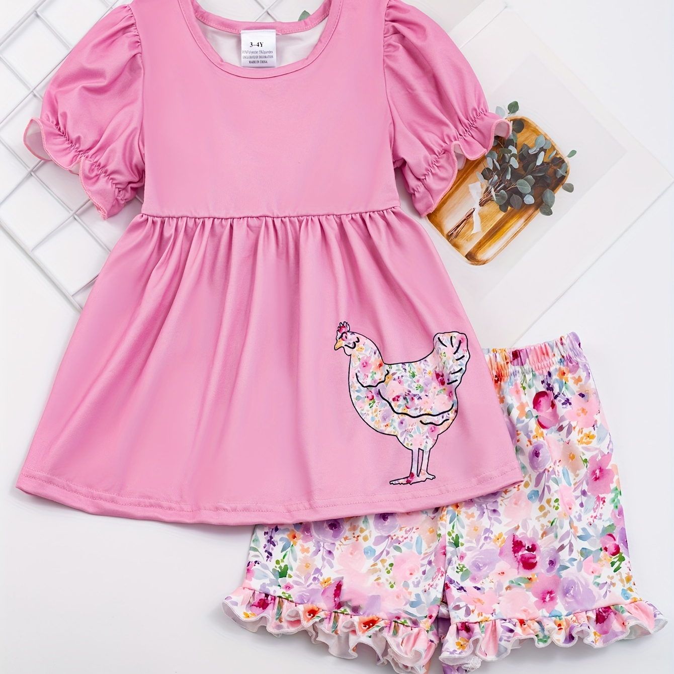 

Girls 2pcs Farm Animal Print Ruffle Short Sleeve Peplum Top & Shorts Set For Summer