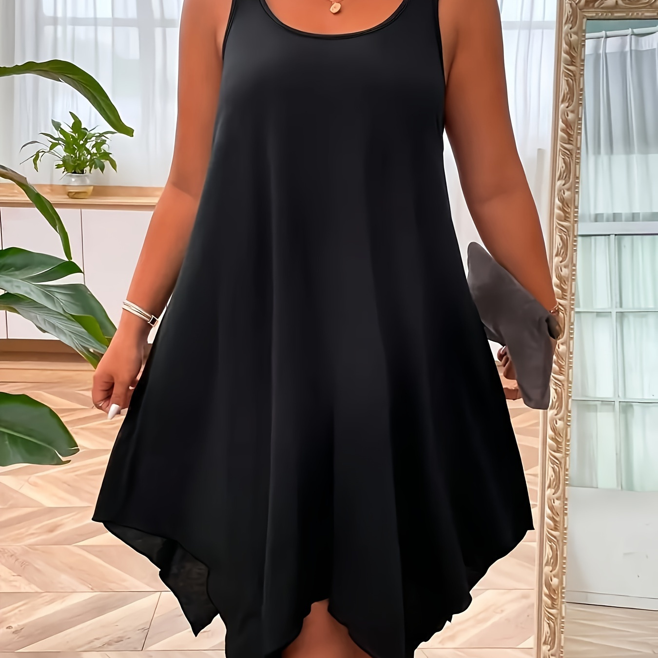 

Plus Size Solid Color Cami Dress, Vacation Style Asymmetrical Hem Sleeveless Crew Neck Dress For Spring & Summer, Women's Plus Size Clothing